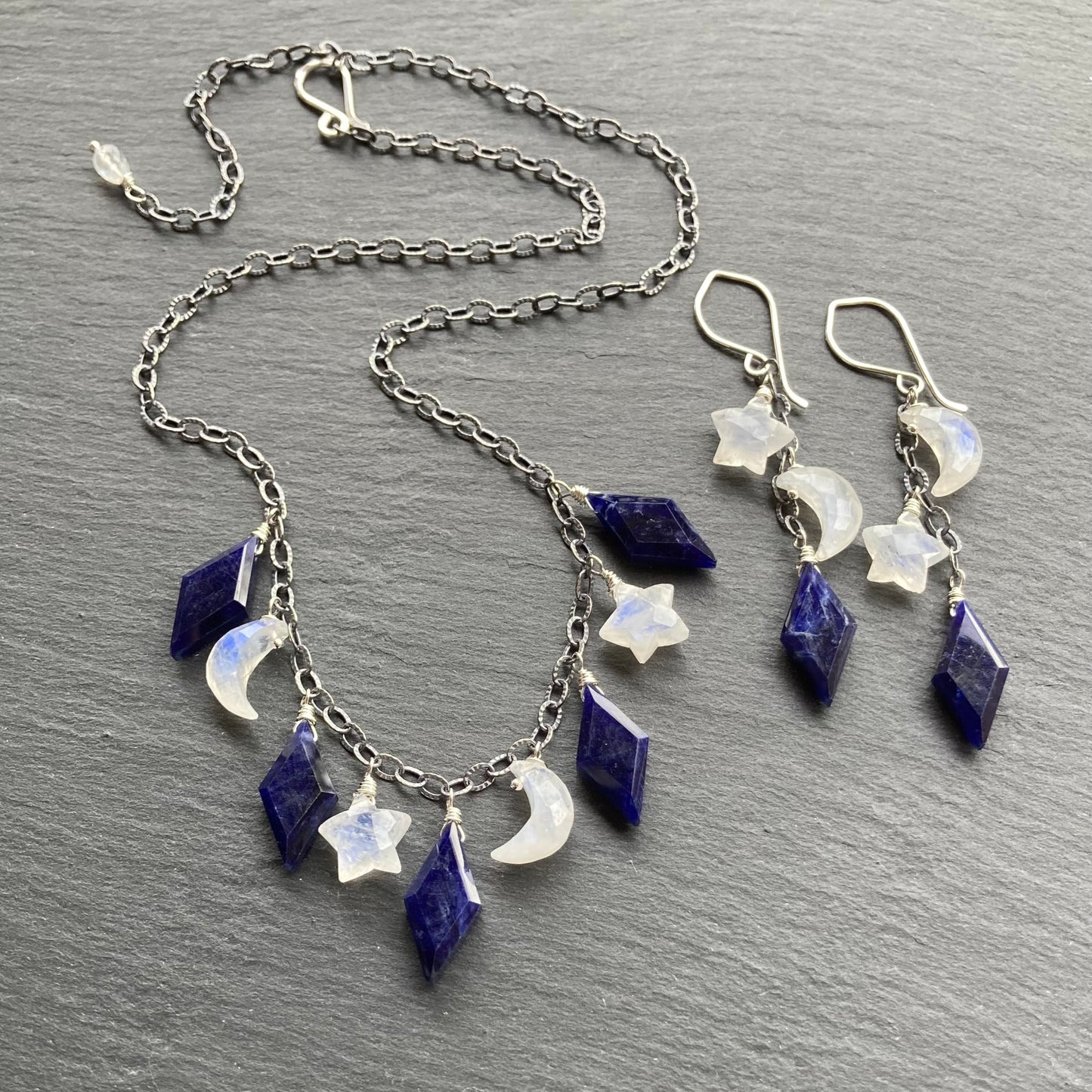 Rainbow Moonstone, Sodalite & Sterling Silver Alternate Universe Earrings