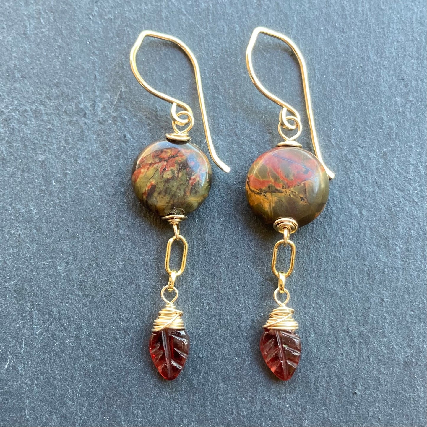Red Creek Jasper, Mozambique Garnet & Gold Earrings