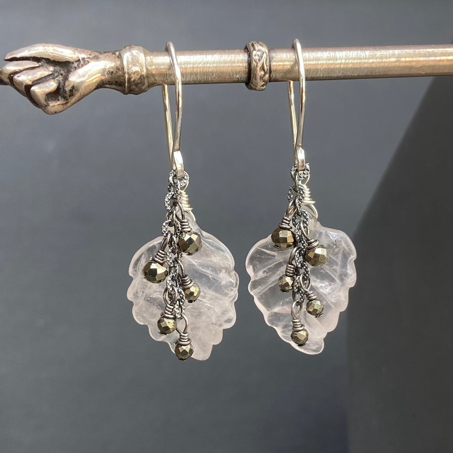 Rose Quartz, Pyrite & Sterling Silver Winter Leaf Earrings