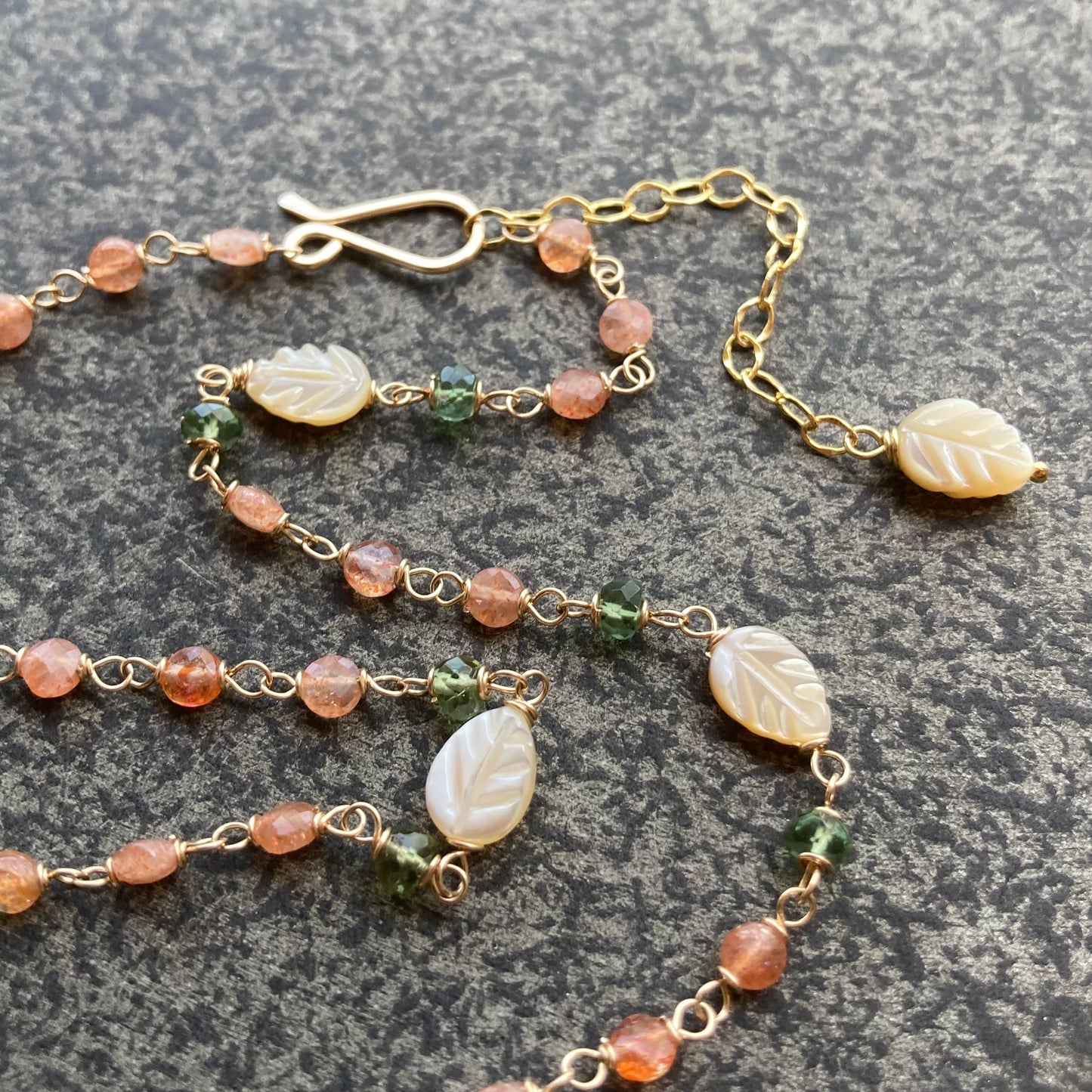 Oregon Sunstone, Green Apatite, Mother of Pearl & Gold Necklace