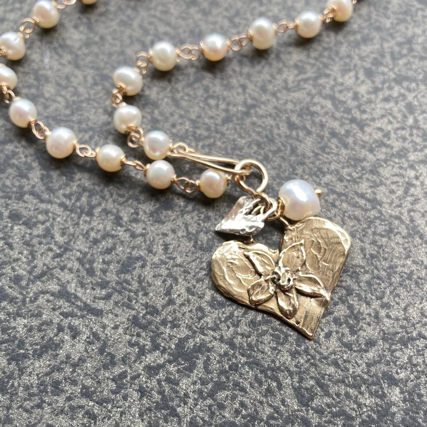 Vintage Freshwater Pearl & Mixed Metal Heart Charm Necklace
