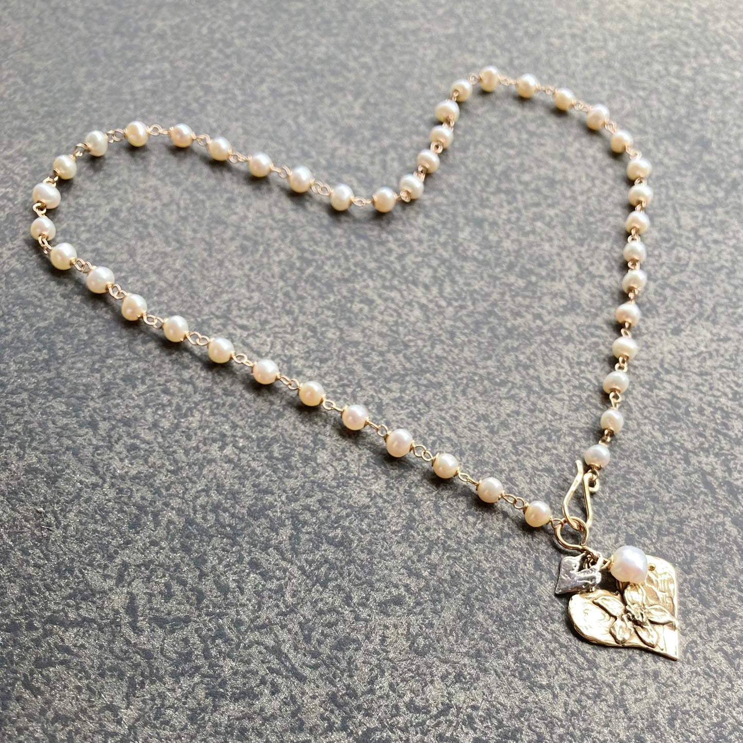 Vintage Freshwater Pearl & Mixed Metal Heart Charm Necklace