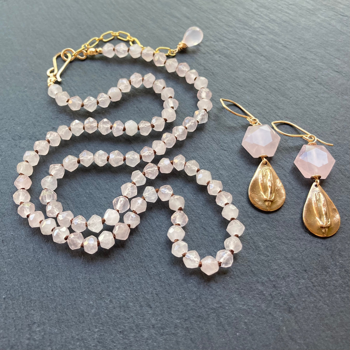 Rose Quartz, Gold & Bronze Earrings