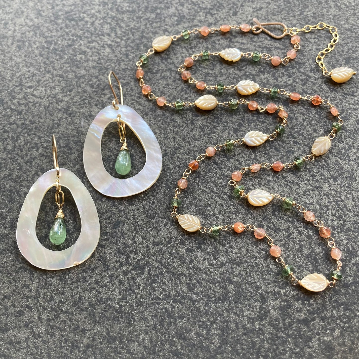 Oregon Sunstone, Green Apatite, Mother of Pearl & Gold Necklace