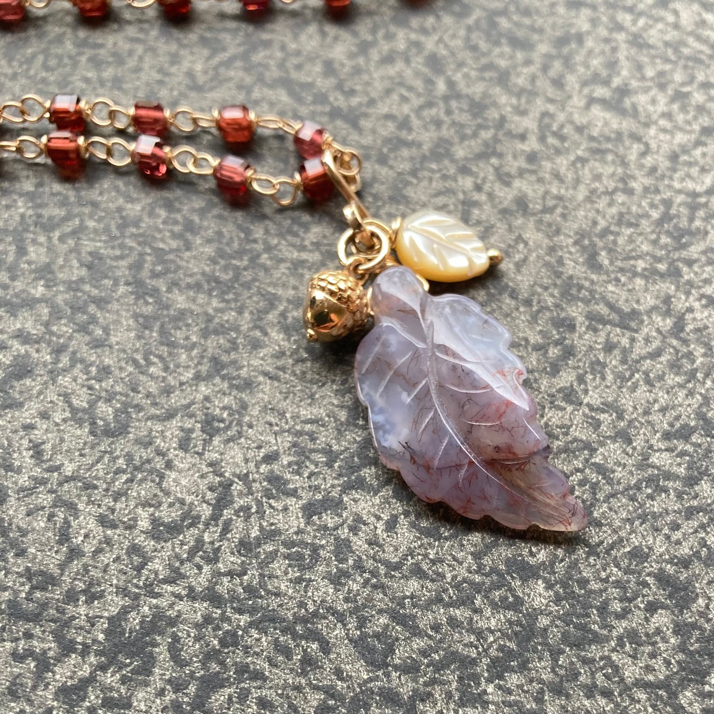 Malaya Garnet, Gold & Indian Agate Autumn Leaf Pendant Necklace