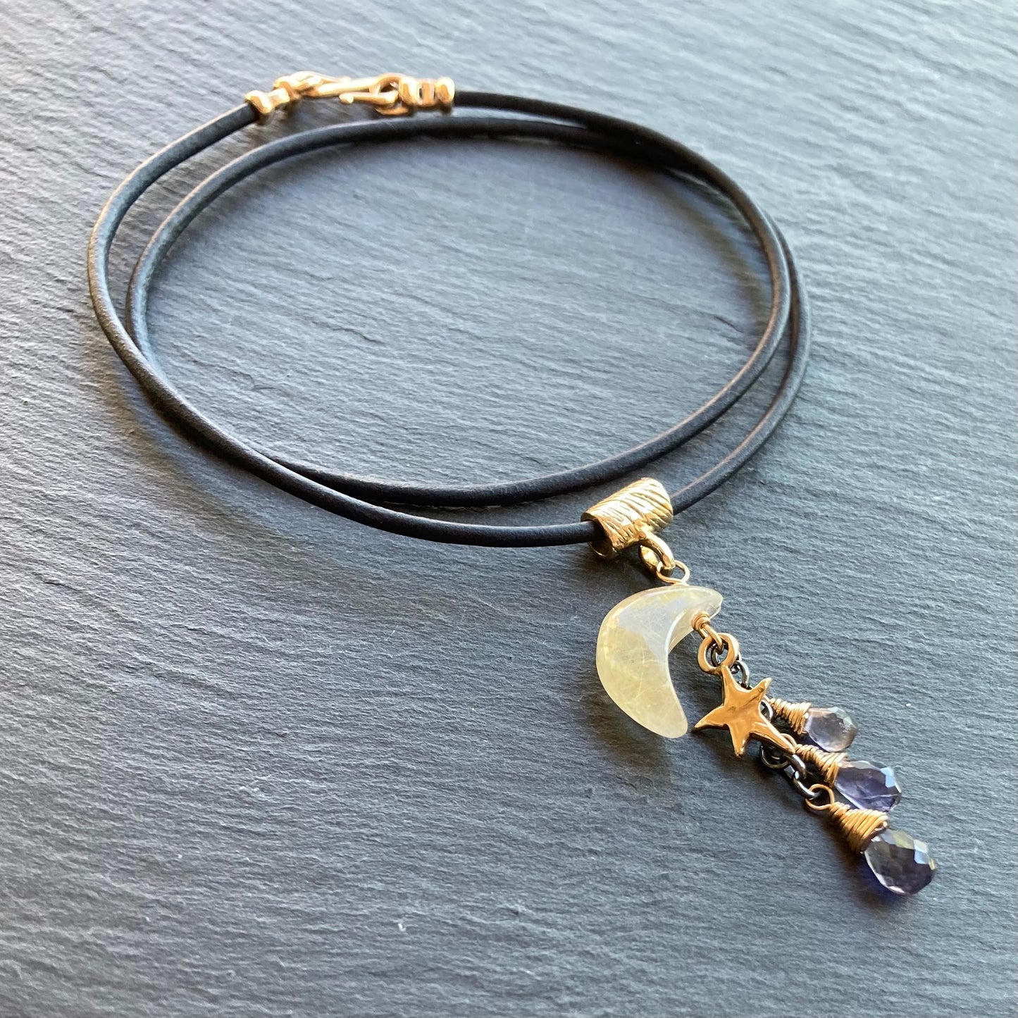 Golden Rutilated Quartz, Iolite & Mixed Metal Autumn Moon Leather Charm Choker
