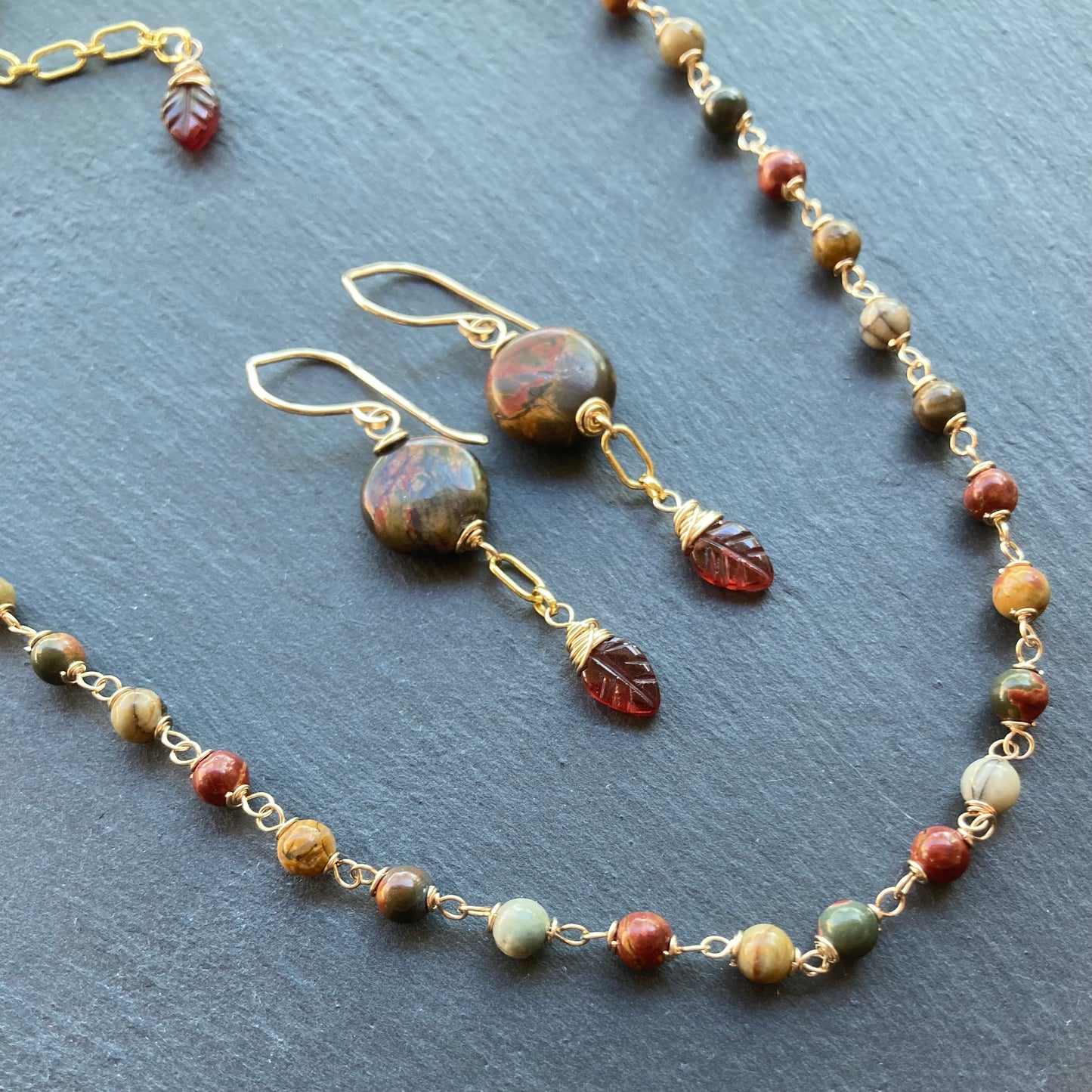 Red Creek Jasper, Mozambique Garnet & Gold Earrings