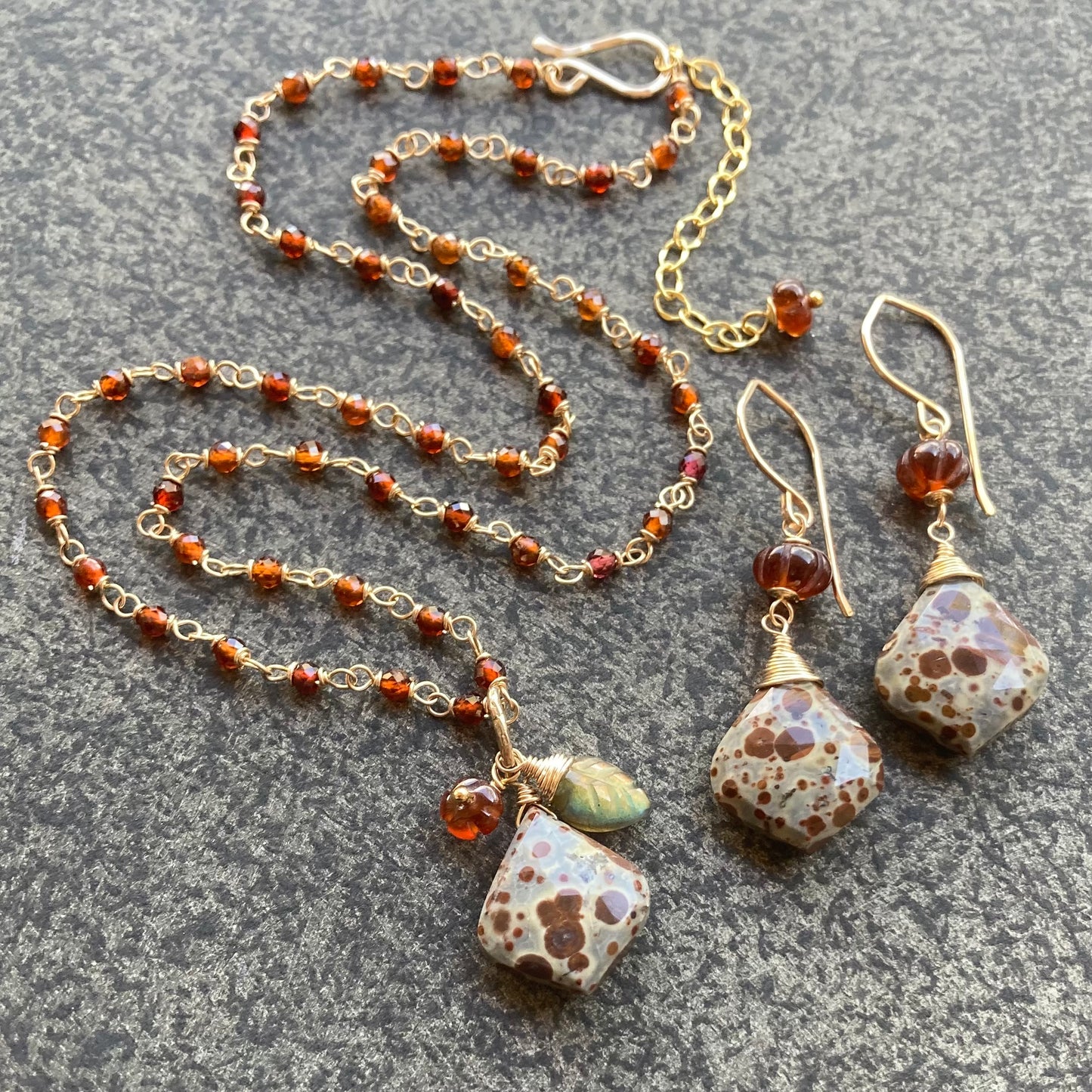 Hessonite Garnet & Gold Asteroid Jasper Pendant Garden Charm Necklace