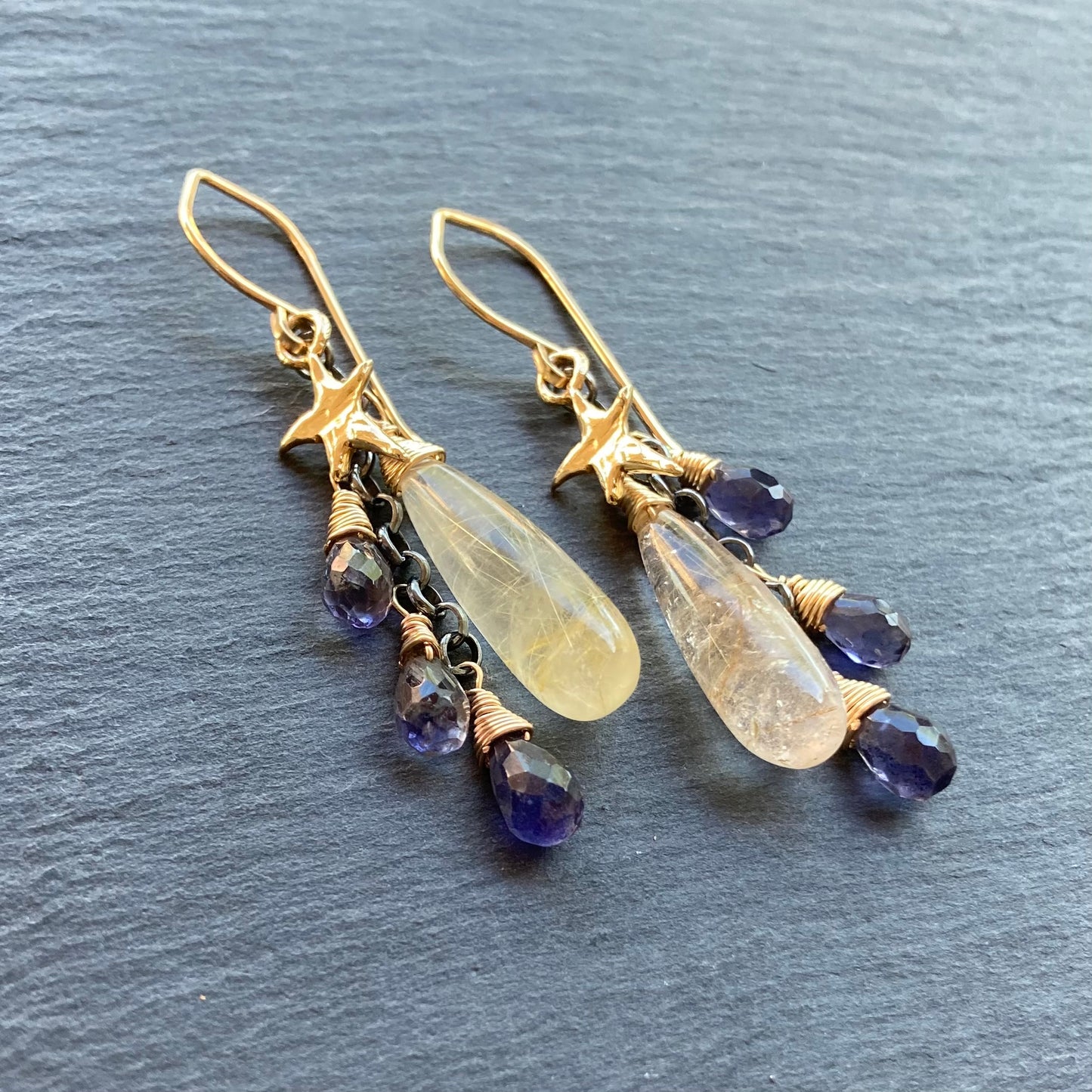 Golden Rutilated Quartz, Iolite & Mixed Metal Autumn Sky Cascade Earrings