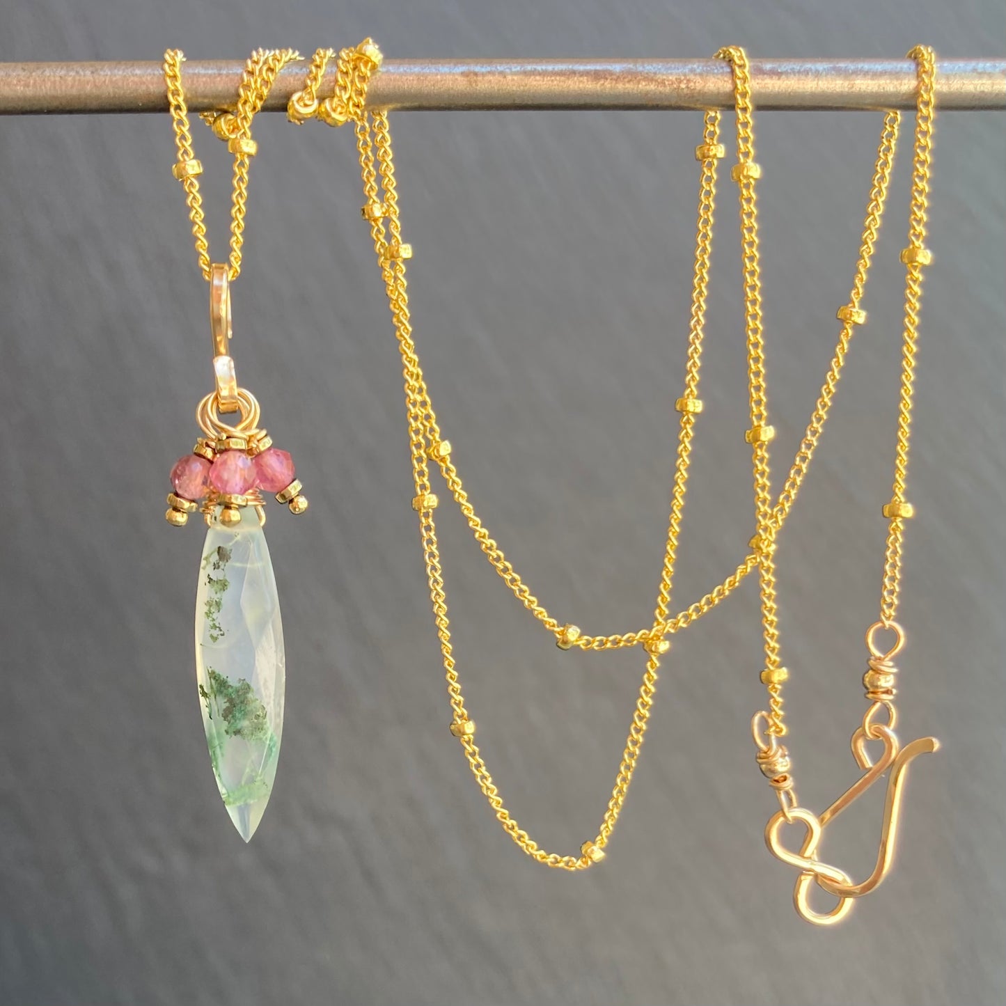 Moss Agate, Pink Tourmaline & Gold Marquis Earrings