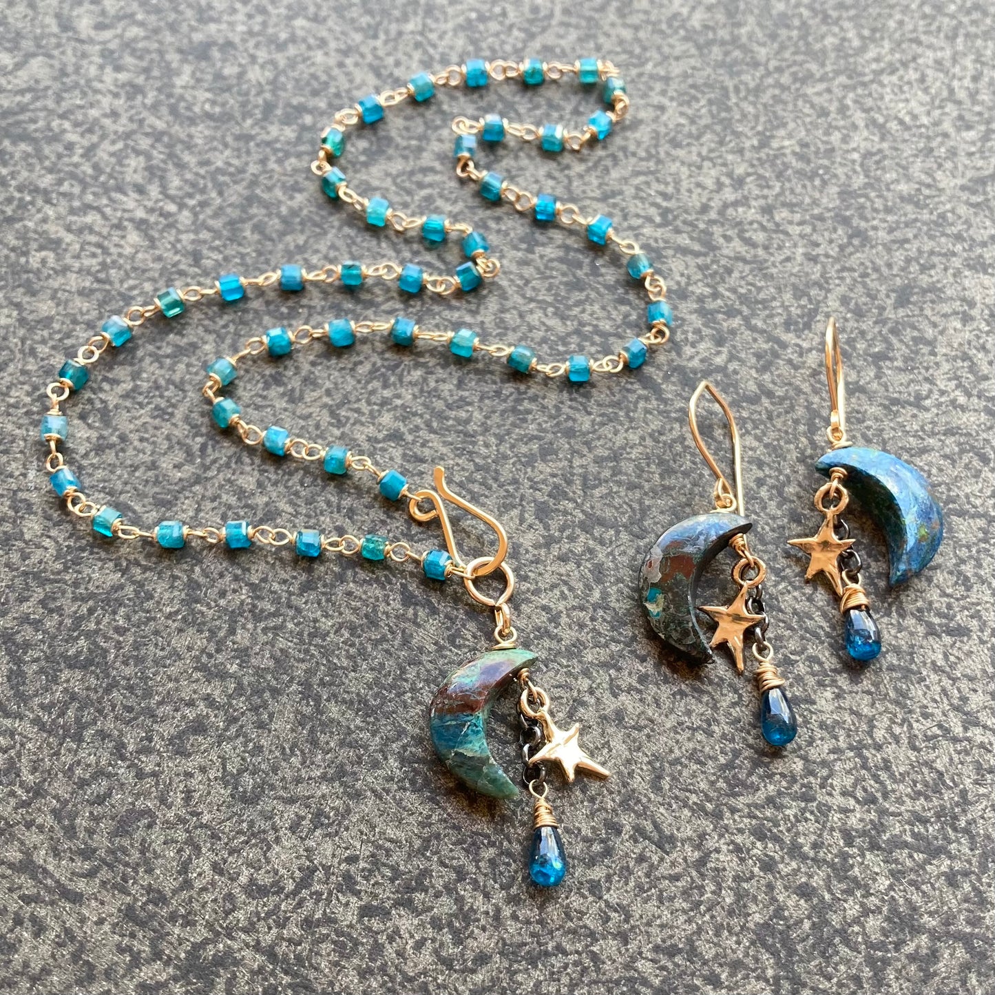 Neon Blue Apatite, Gold & Chrysocolla Starry Night Charm Choker