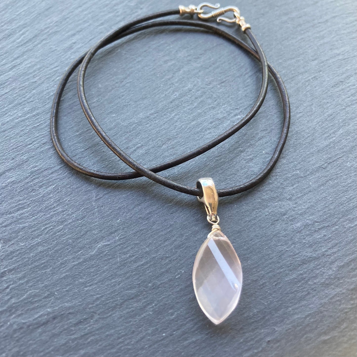 Rose Quartz & Sterling Silver Black Leather Choker