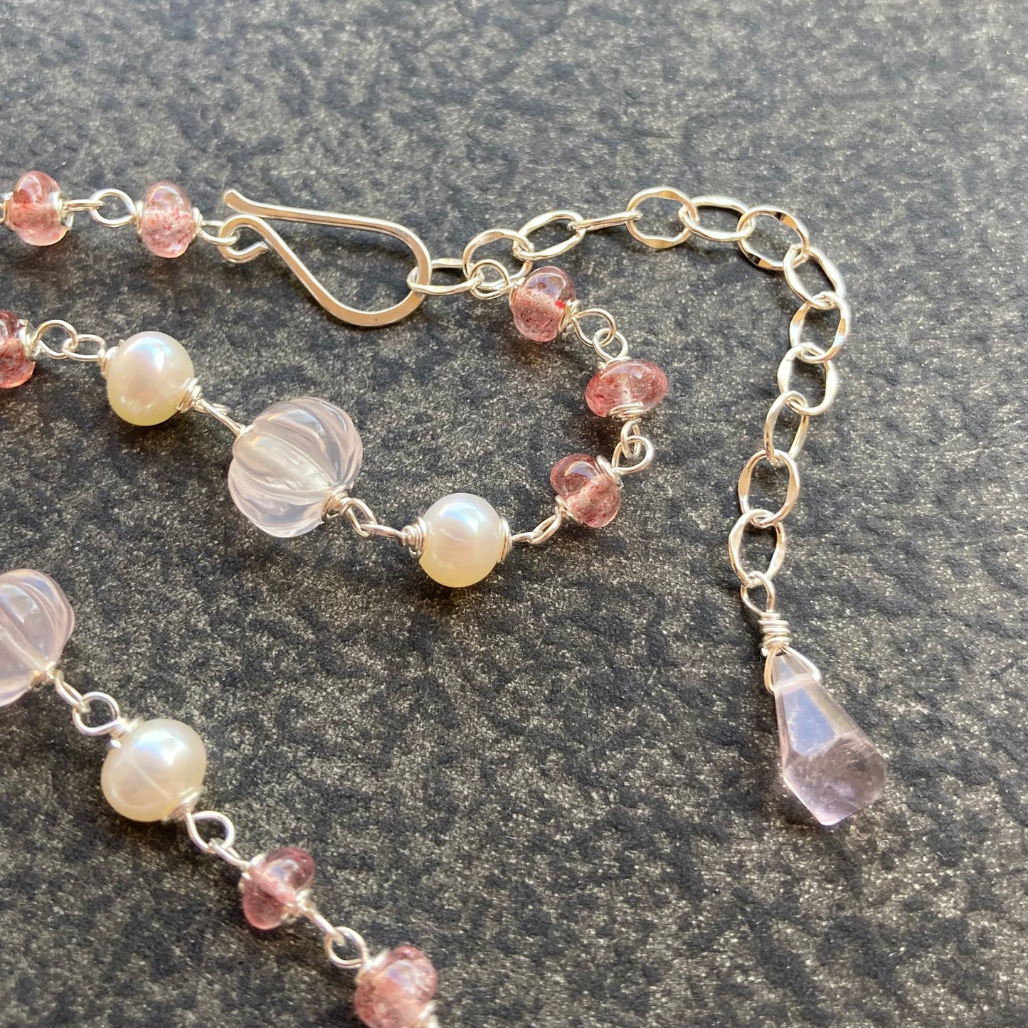 Rose Quartz, Strawberry Quartz, Vintage Freshwater Pearl & Sterling Silver Necklace
