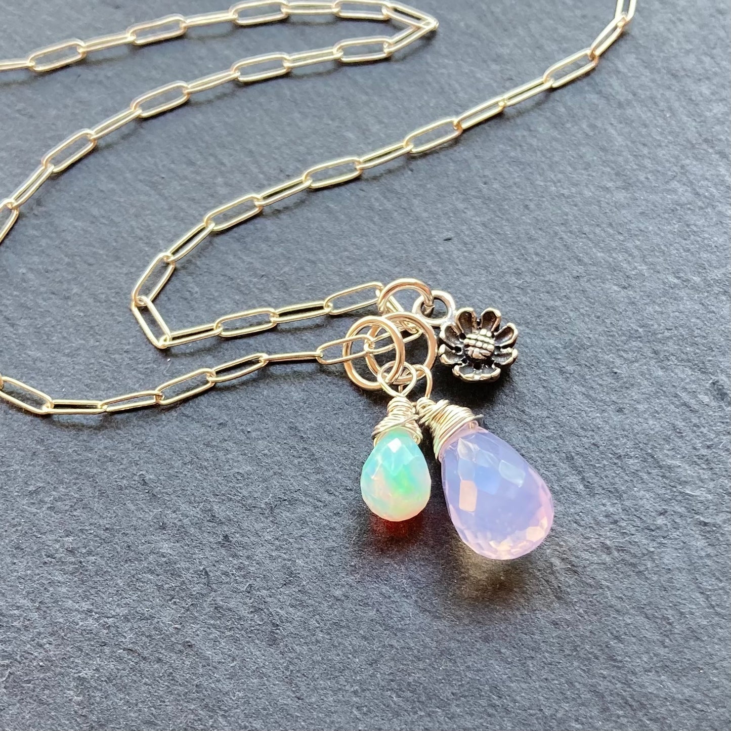 Scorolite, Ethiopian Opal & Sterling Silver Cherry Blossom Charm Necklace