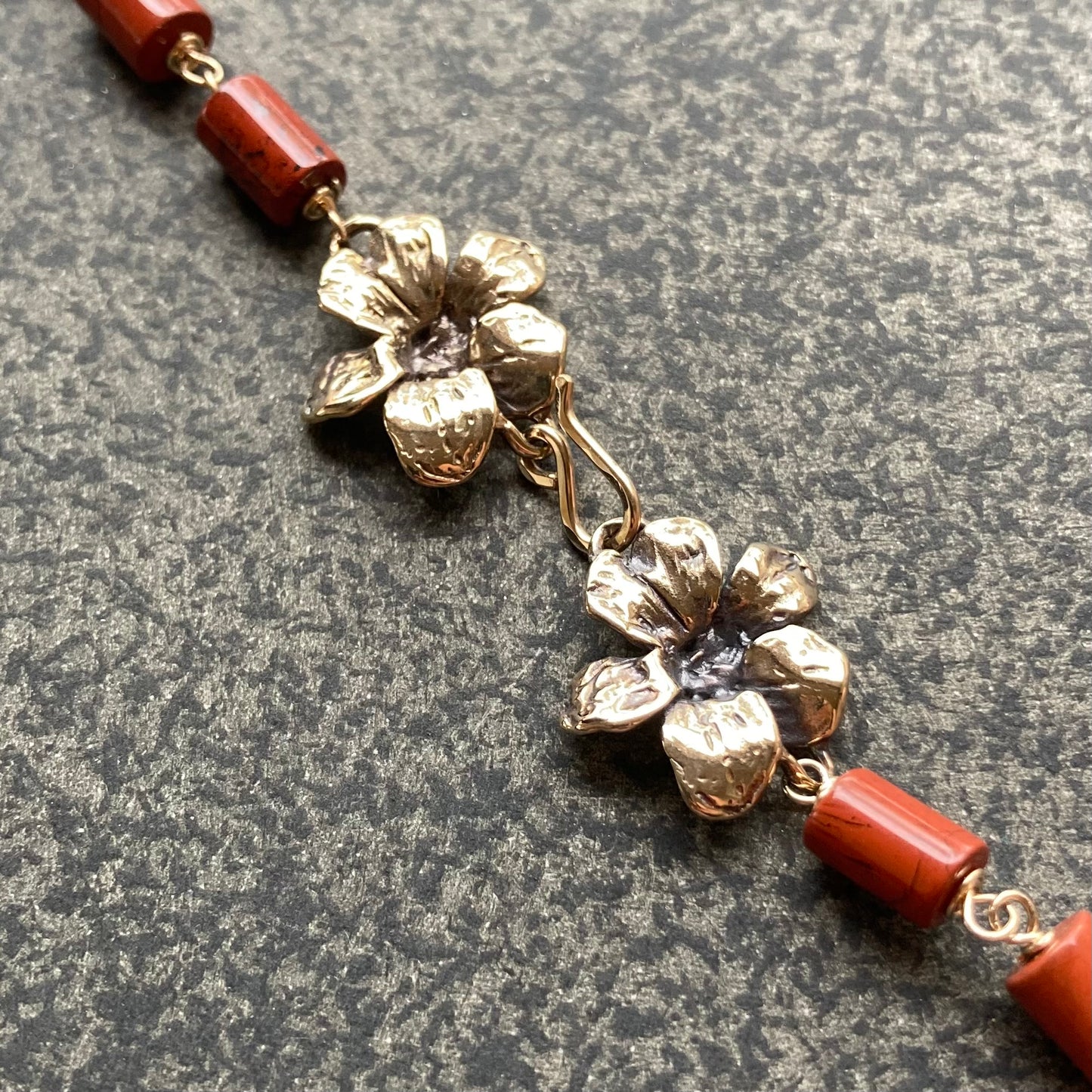 Red Jasper, Gold & Bronze Floral Clasp Necklace
