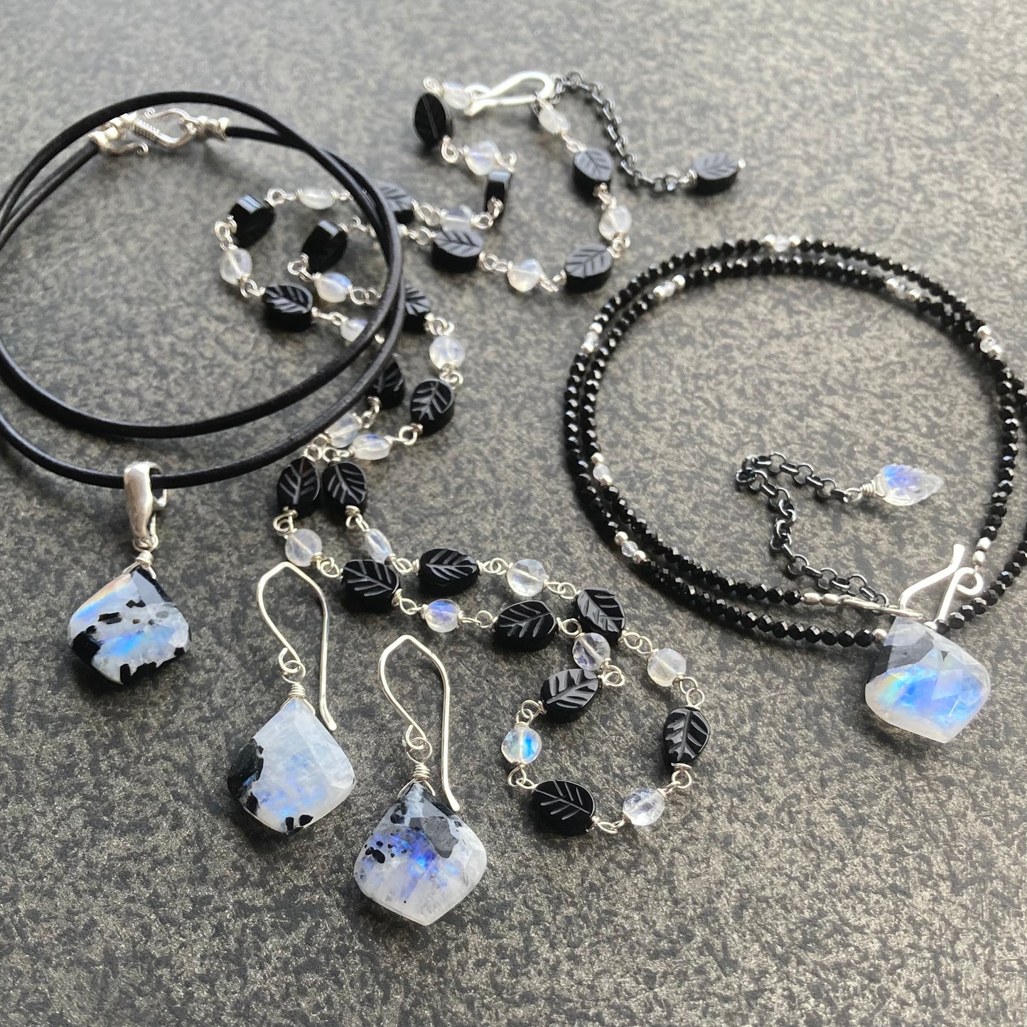 Rainbow Moonstone, Sterling Silver & Black Onyx Leaf Necklace