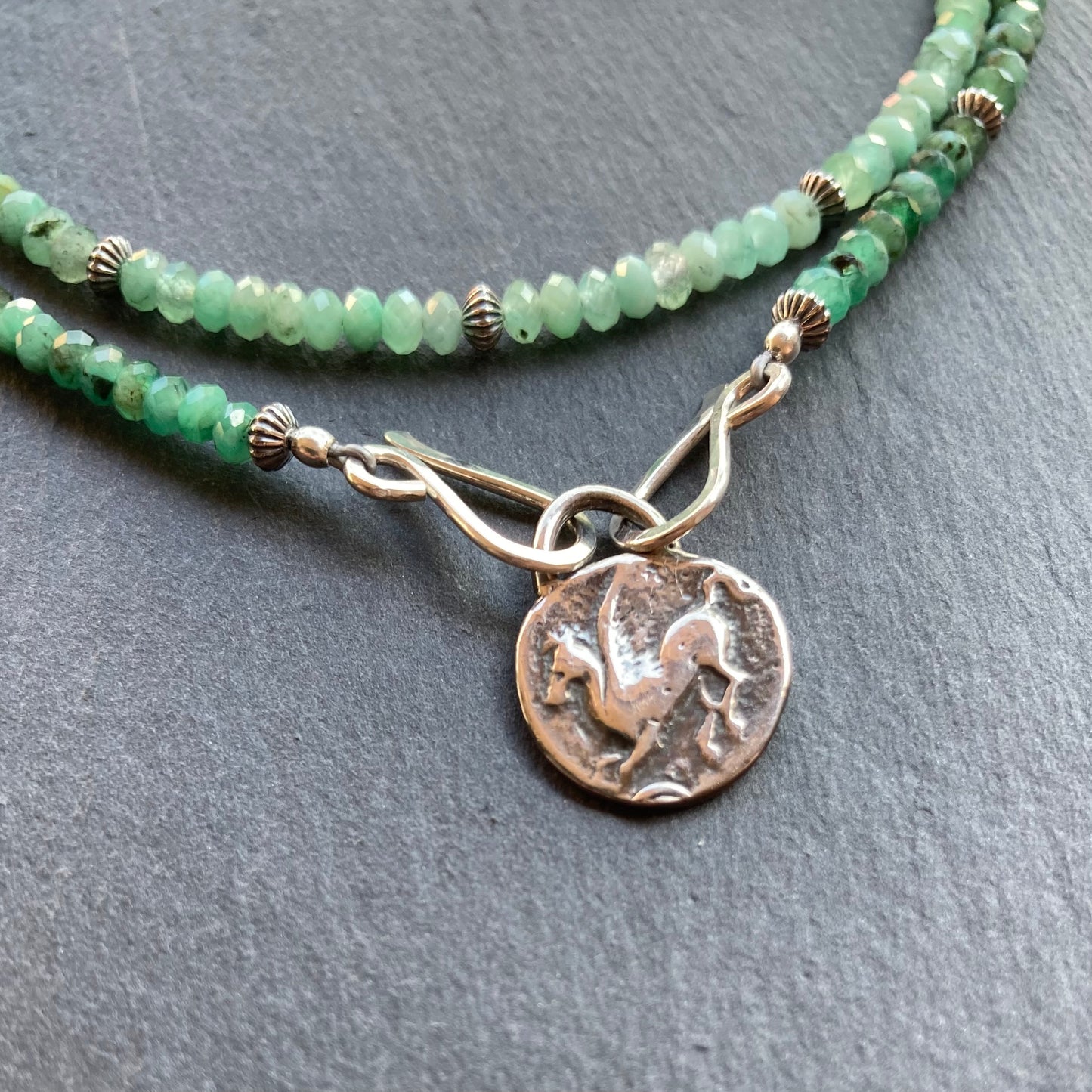 Natural Emerald & Sterling Silver Pegasus & Athena Coin Convertible Necklace
