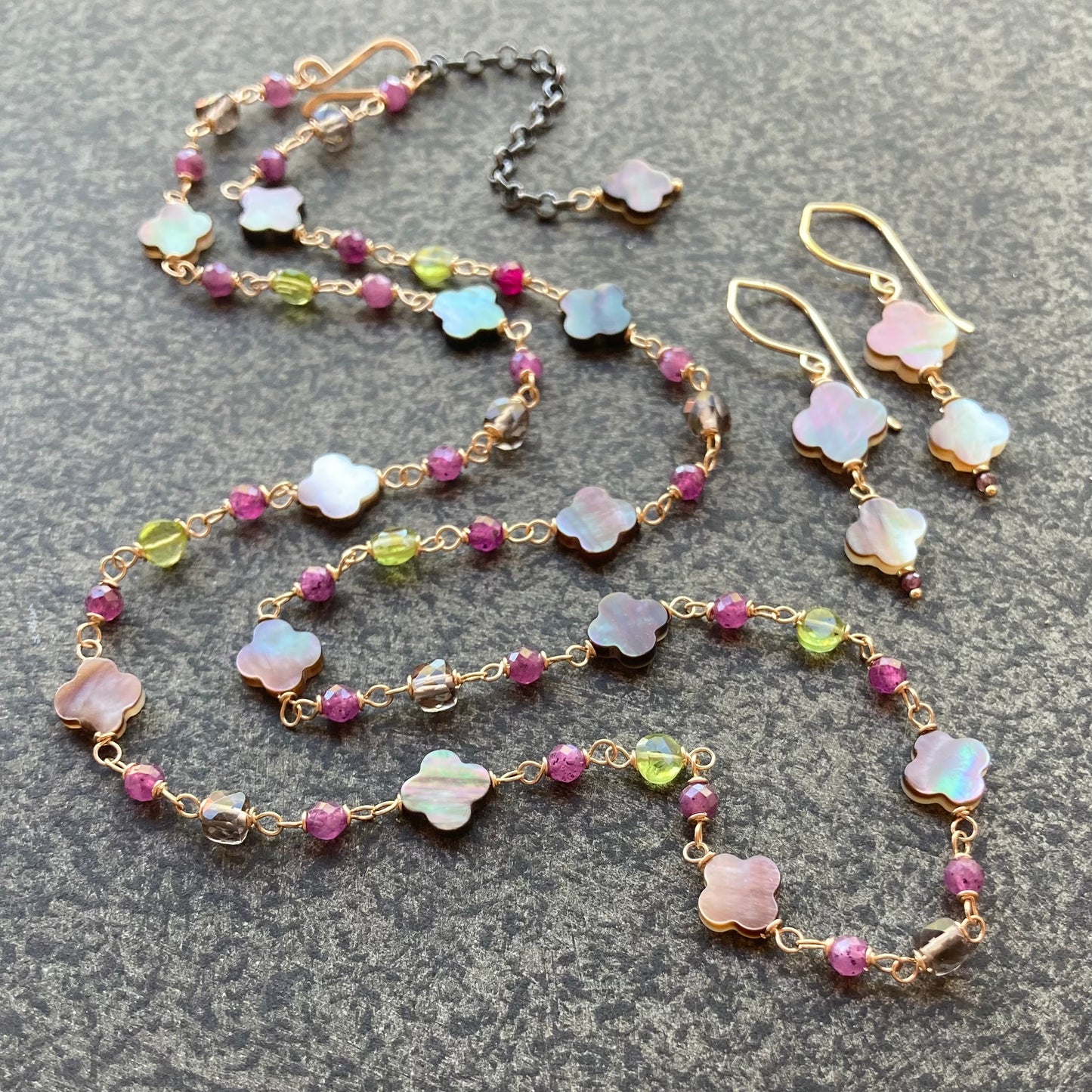 Black Mother of Pearl, Peridot, Ruby, Ice Obsidian & Mixed Metal Clover Necklace