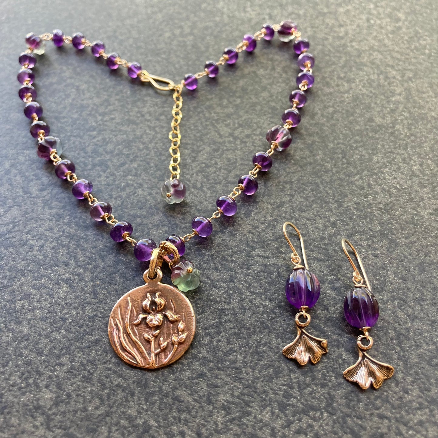 Amethyst, Gold & Bronze Ginkgo Leaf Earrings