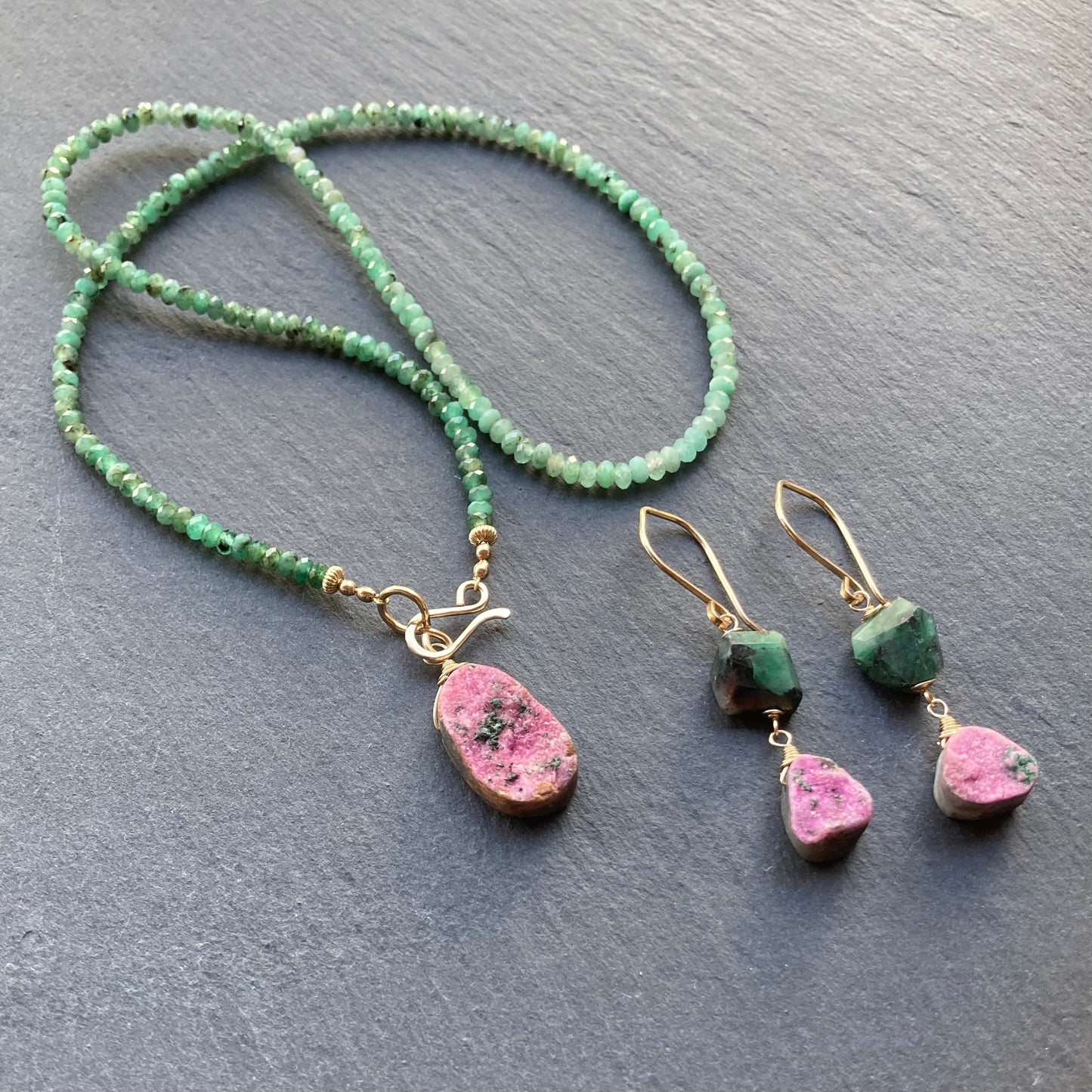 Natural Emerald, Cobalto Calcite & Gold Earrings