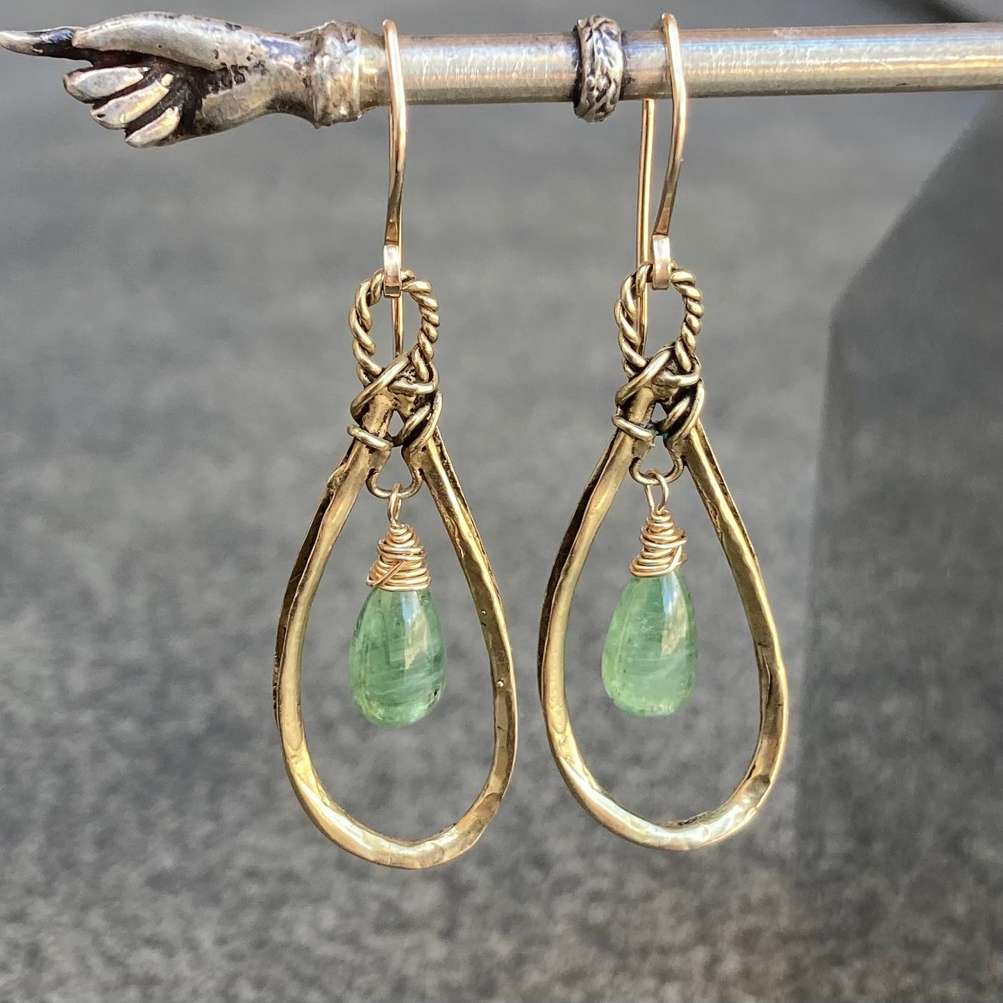 Green Kyanite, Gold & Bronze Teardrop Hoops