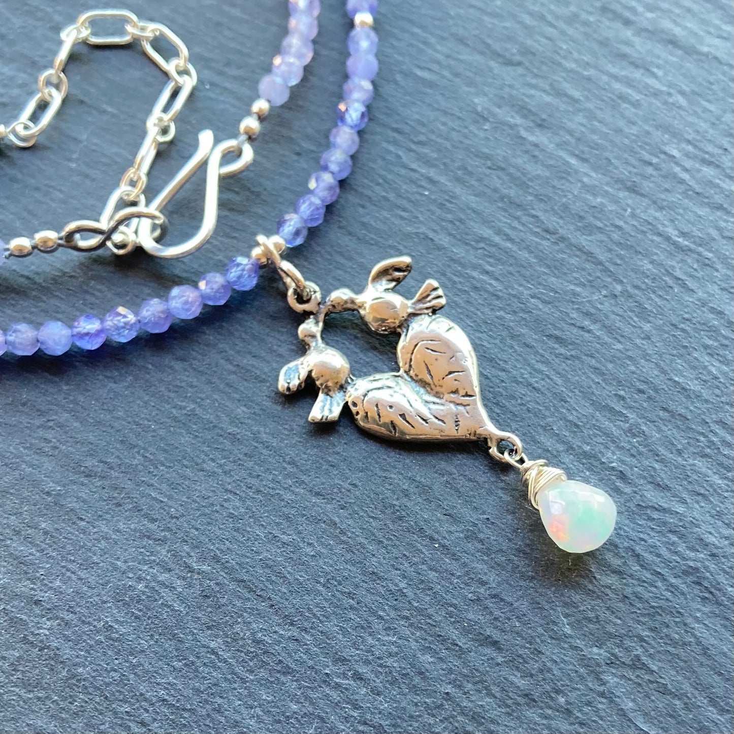 Tanzanite, Ethiopian Opal & Sterling Silver Love Birds Pendant Choker
