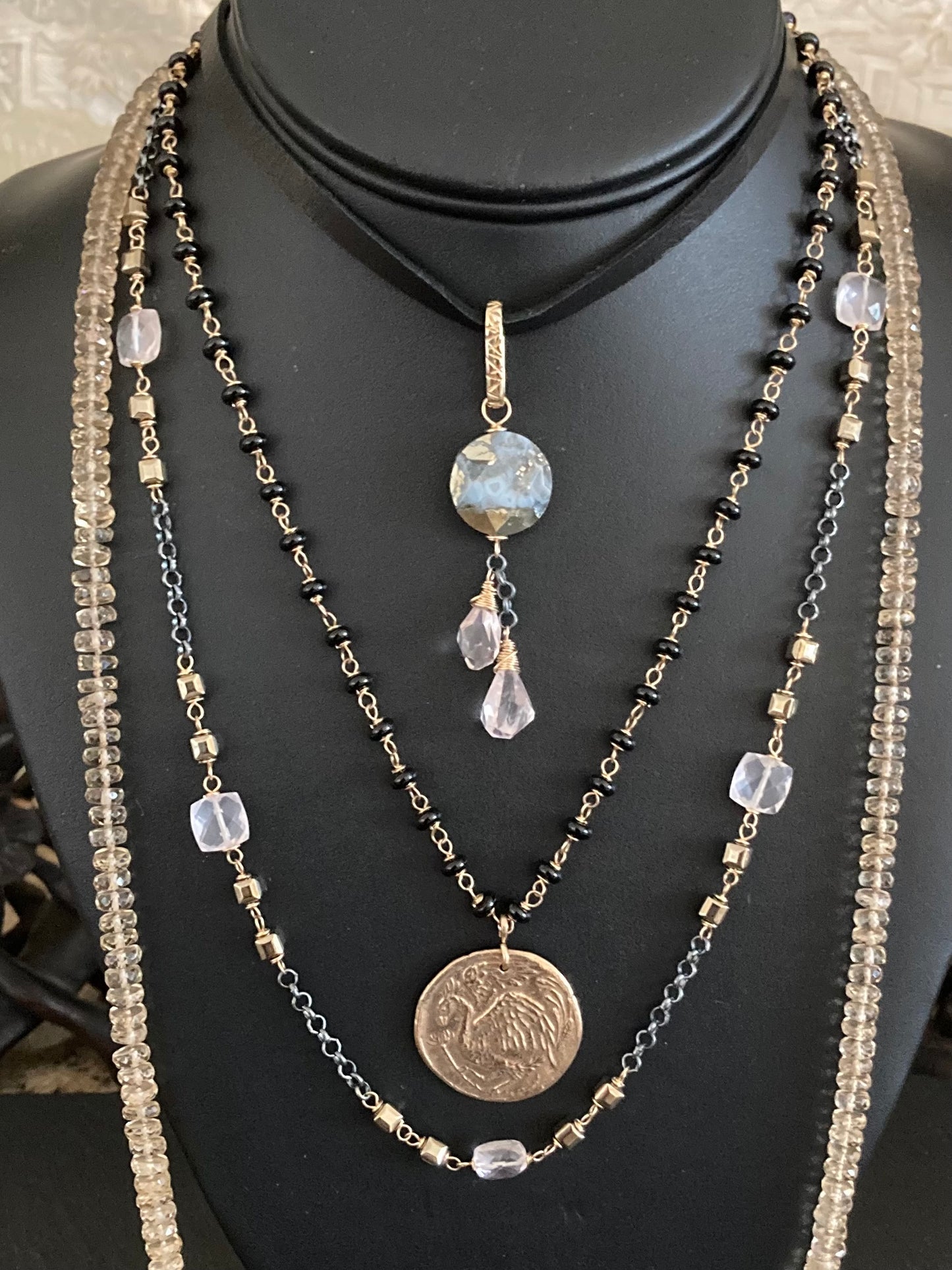 Nipomo Marcasite in Agate, Rose Quartz & Mixed Metal Deertan Leather Choker