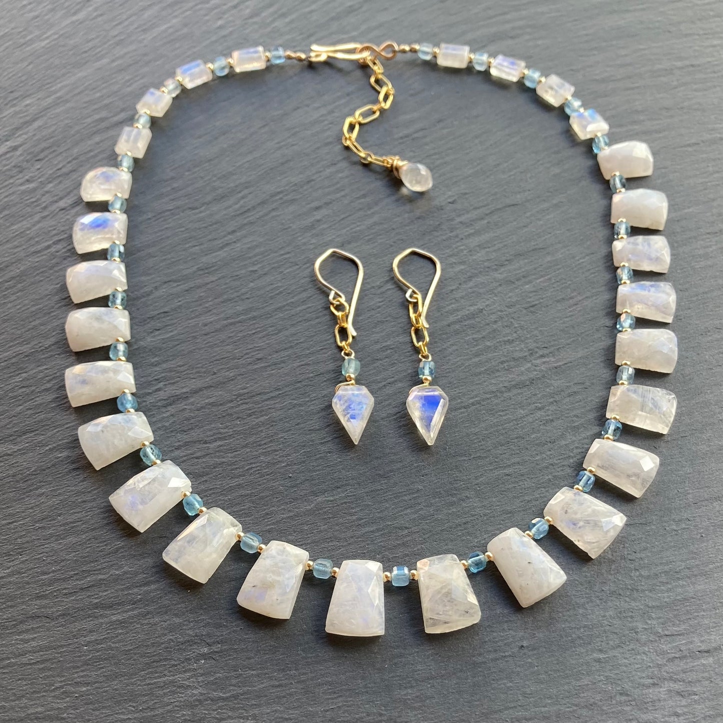 Rainbow Moonstone, Santa Maria Aquamarine & Gold Arrowhead Earrings