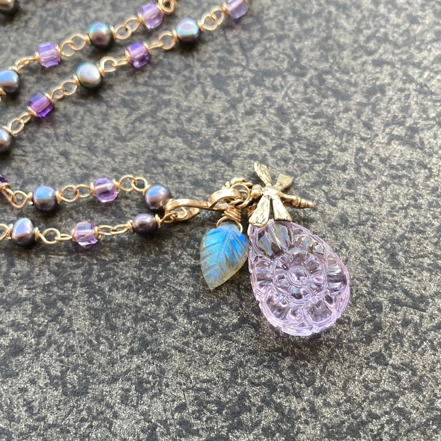 Amethyst, Freshwater Peacock Pearl & Gold Dragonfly Charm Necklace