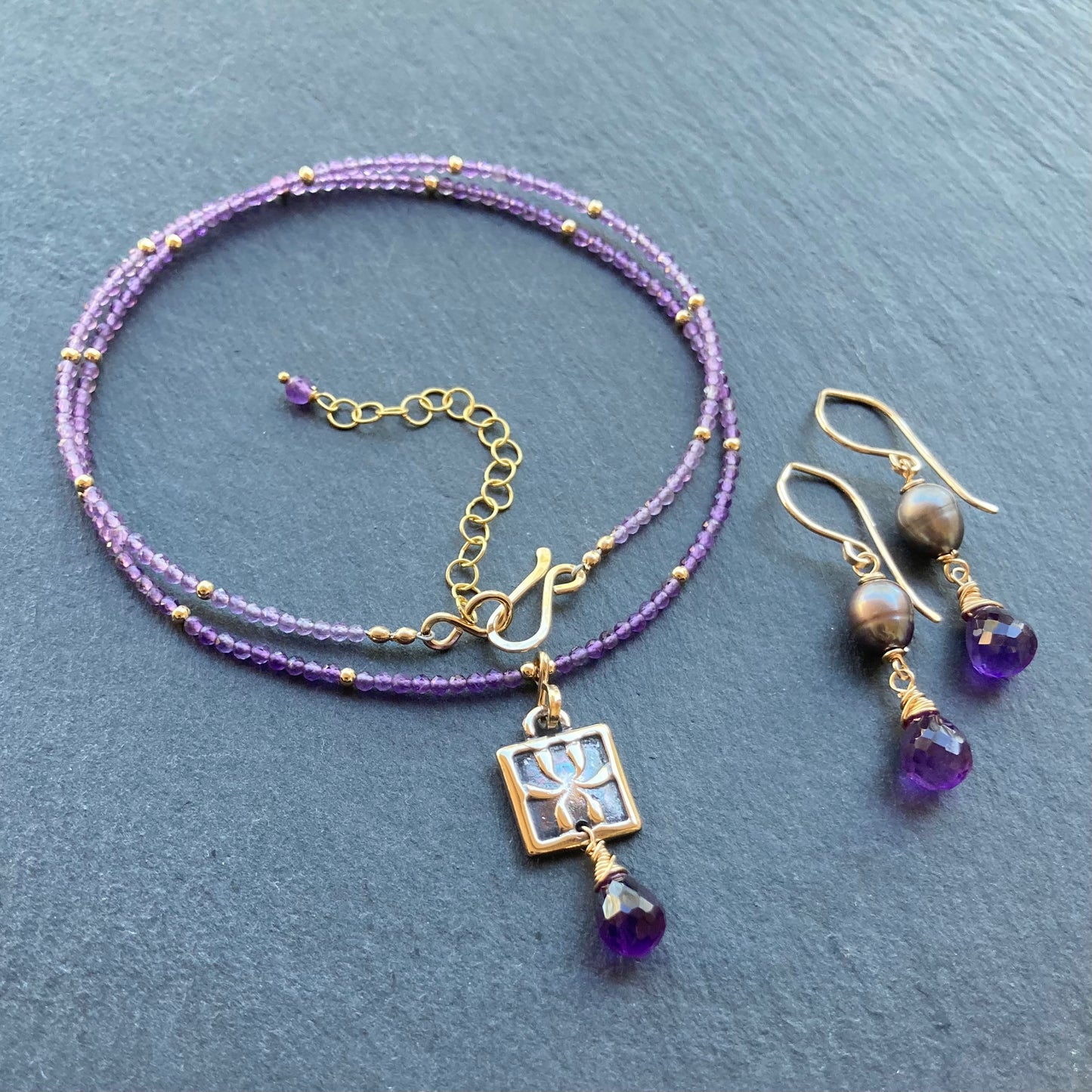 Amethyst, Gold & Bronze Iris Pendant Necklace