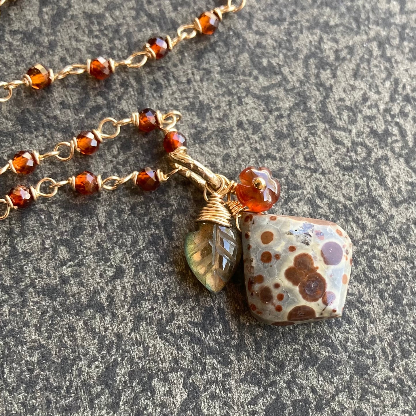 Hessonite Garnet & Gold Asteroid Jasper Pendant Garden Charm Necklace