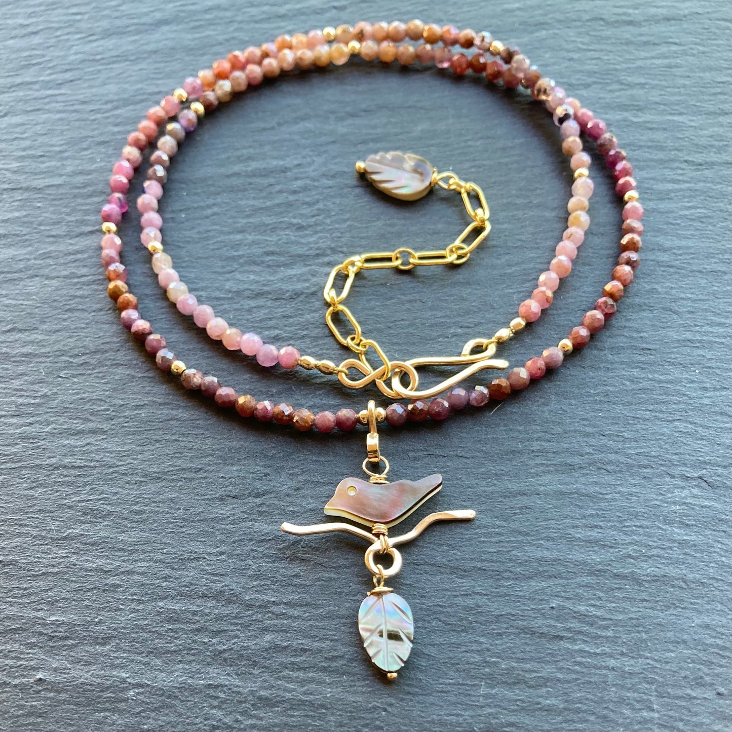 Black Mother of Pearl, Natural Ruby & Gold Autumn Branches Choker