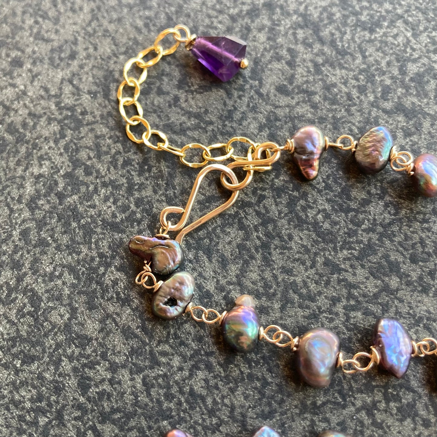 Amethyst, Freshwater Peacock Pearl & Gold Pendant Necklace