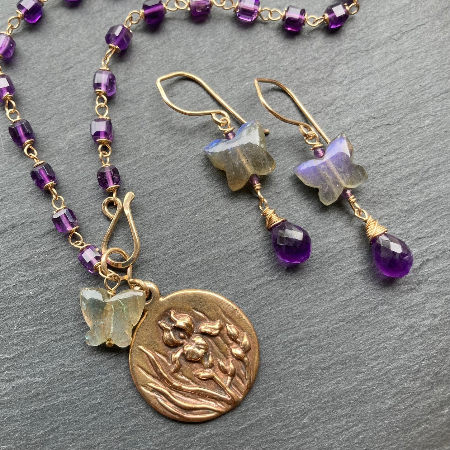 Labradorite, Amethyst & Gold Butterfly Earrings