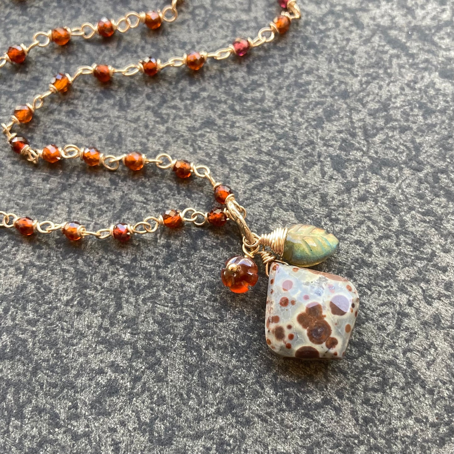 Asteroid Jasper, Hessonite, Labradorite & Gold Garden Charm Earrings