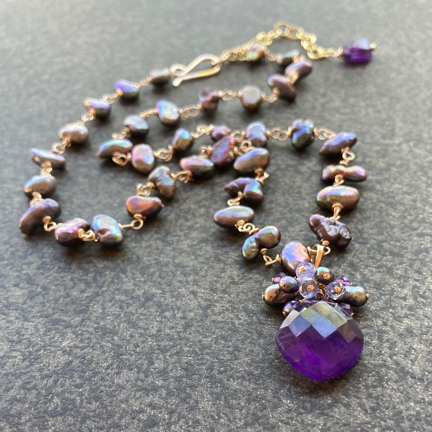 Amethyst, Freshwater Peacock Pearl & Gold Pendant Necklace
