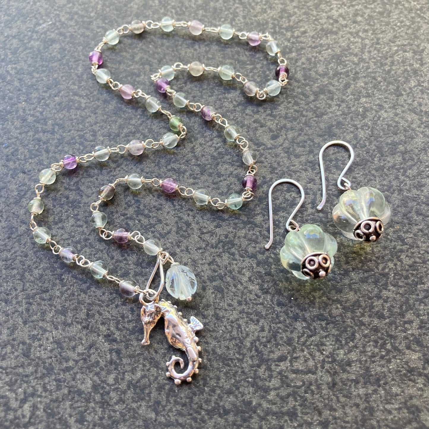 Multicolor Fluorite & Sterling Silver Seahorse Choker
