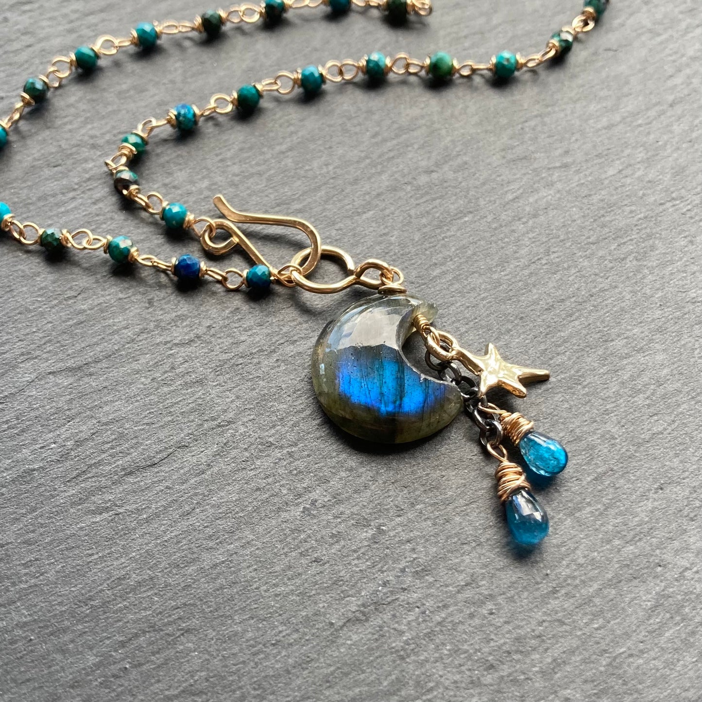 Chrysocolla, Gold & Labradorite Moonglow Charm Necklace