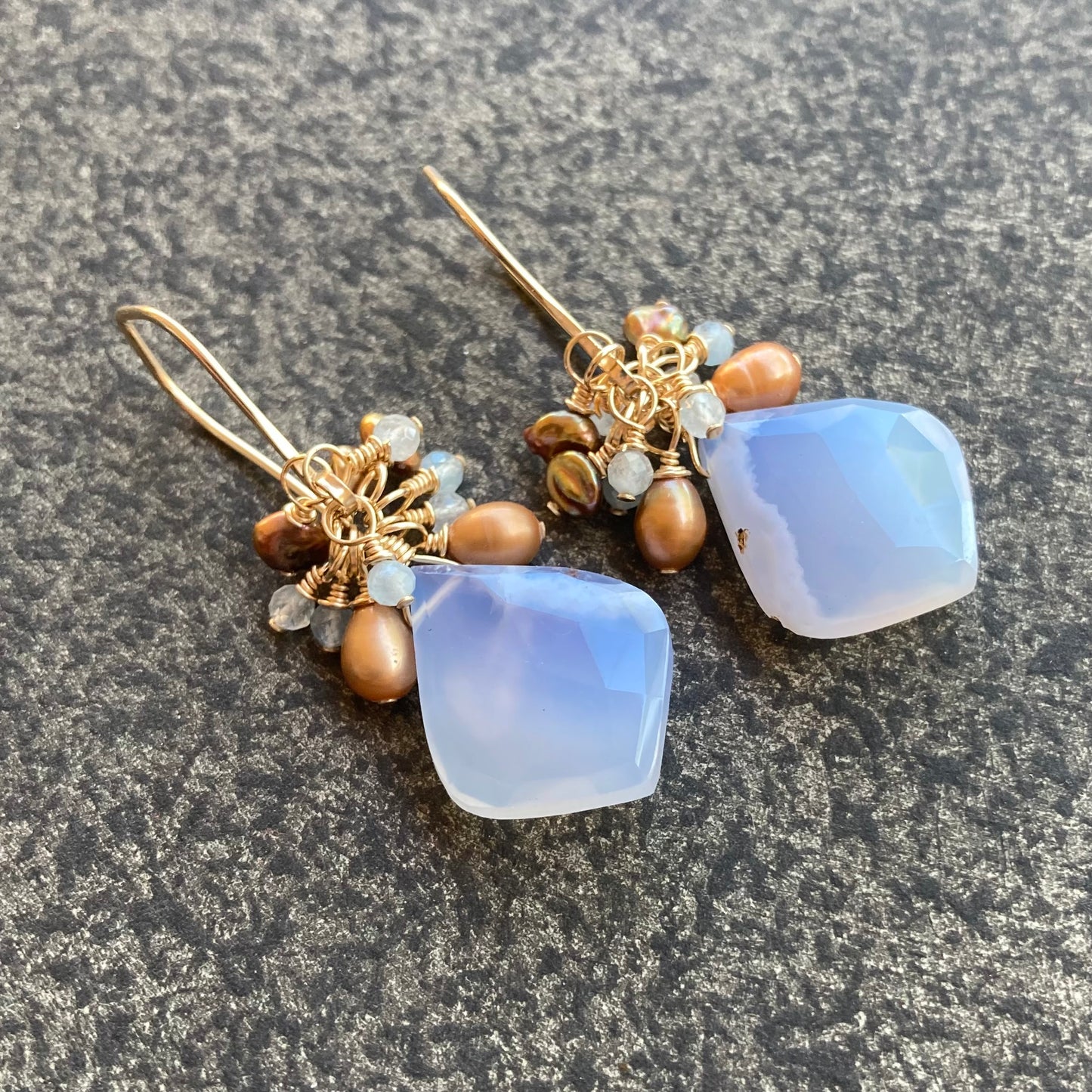 Blue Lace Agate, Copper Freshwater Pearl, Aquamarine & Gold Cluster Earrings