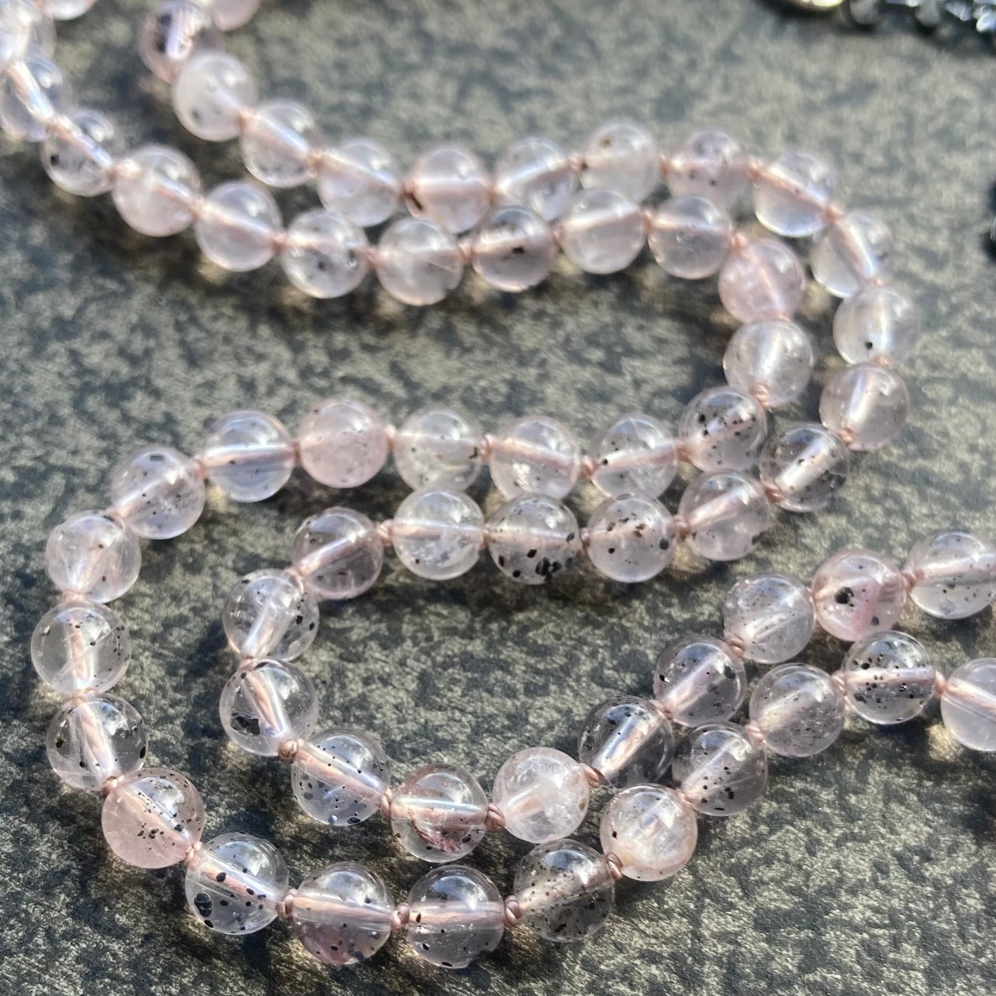 Hematite in Rose Quartz Hand Knotted Blush Silk Necklace