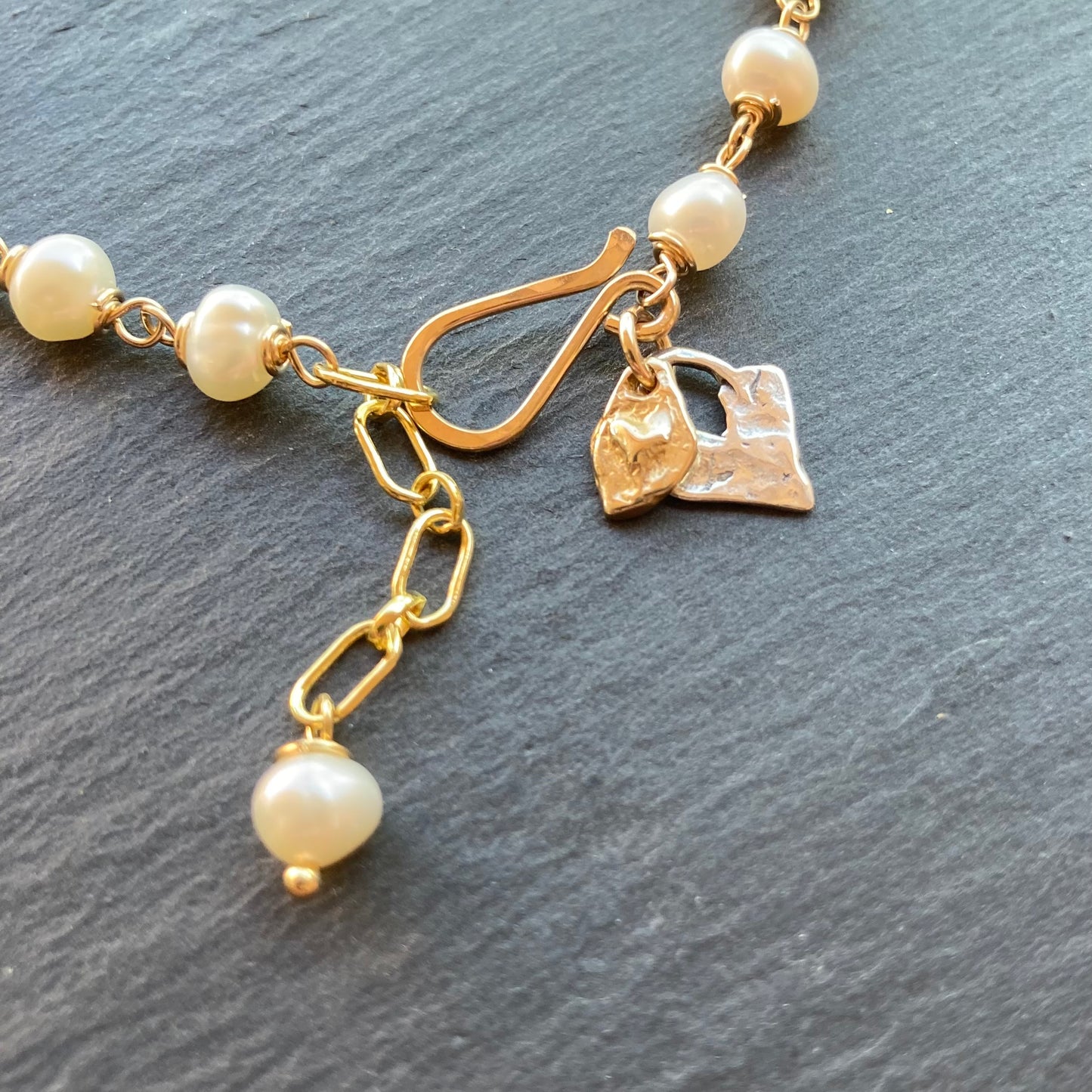 Freshwater Pearl, Gold & Mixed Metal Heart Charm Bracelet