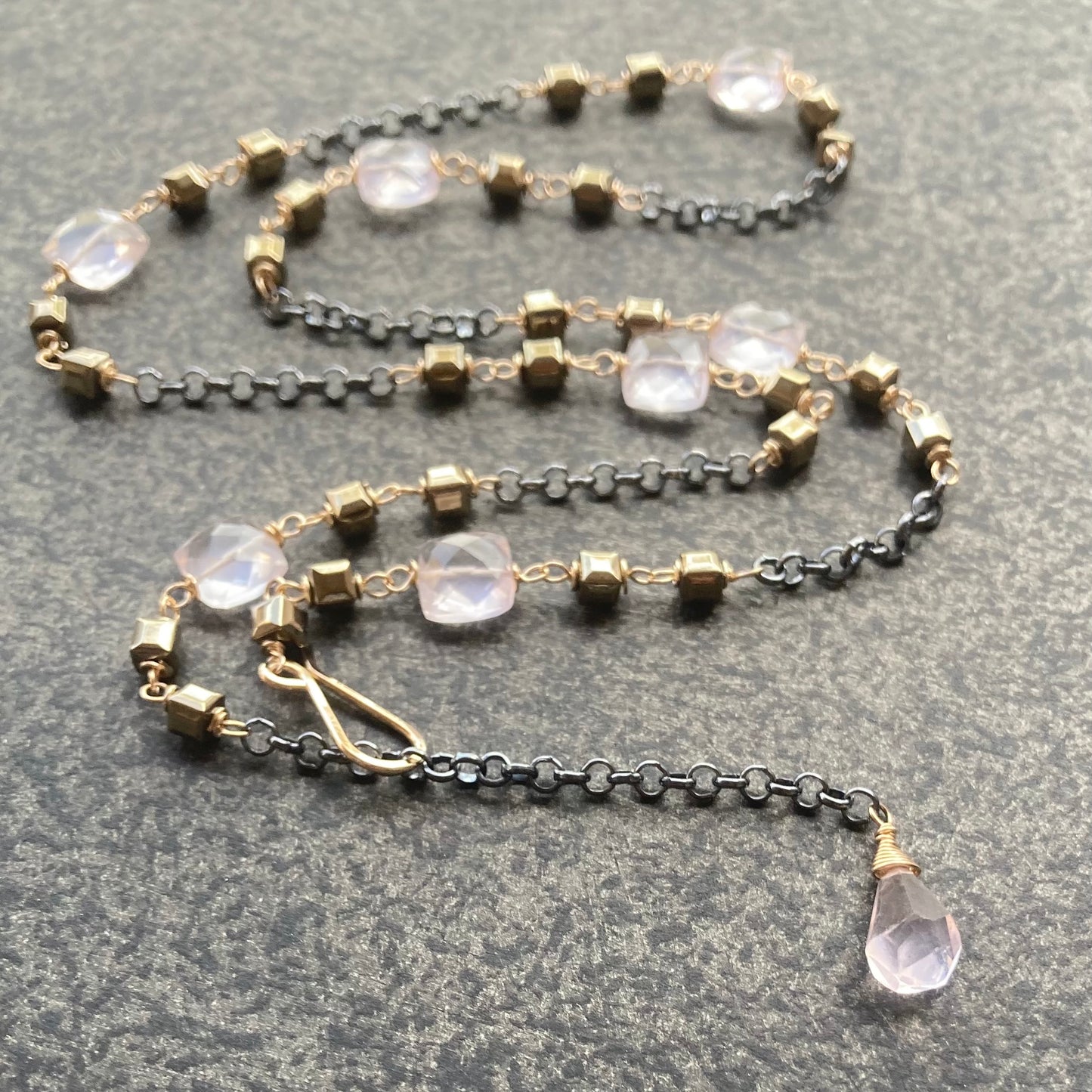 Rose Quartz, Pyrite & Mixed Metal Convertible Necklace