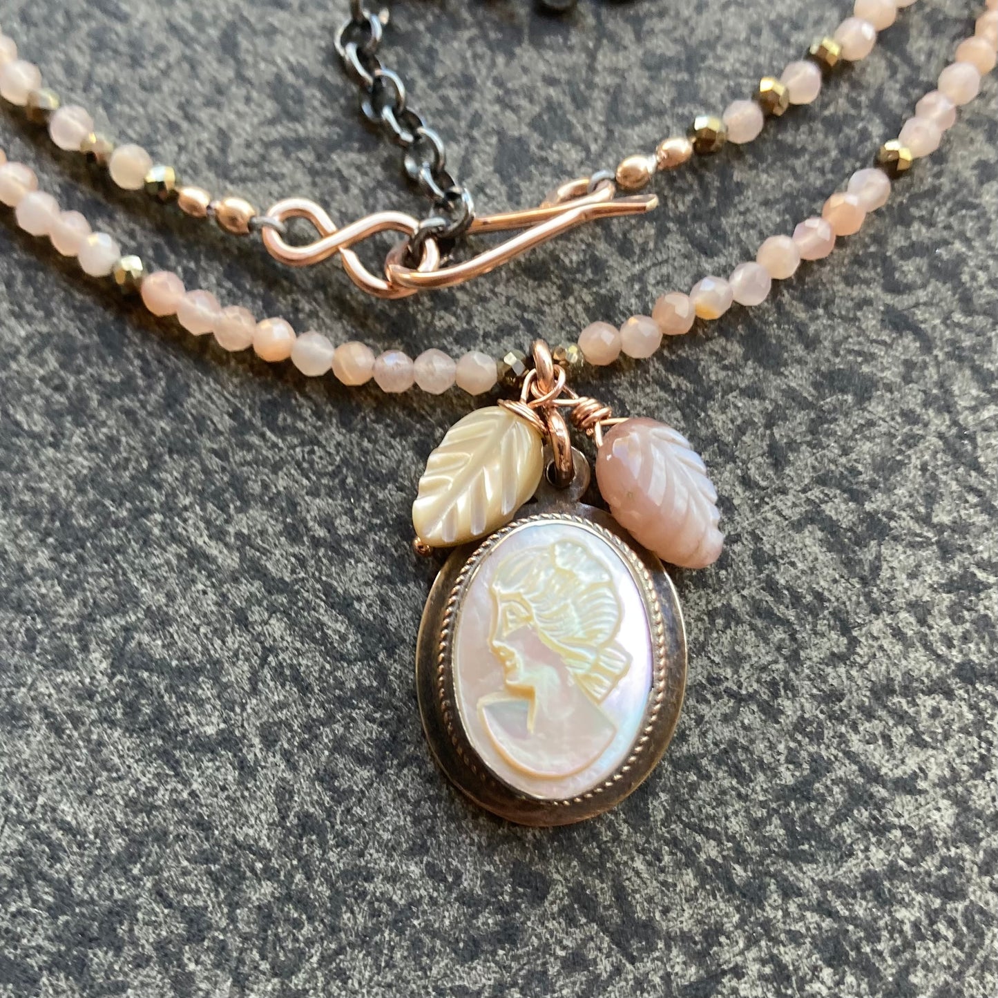 Peach Moonstone & Vintage Mother of Pearl Cameo Pendant Necklace