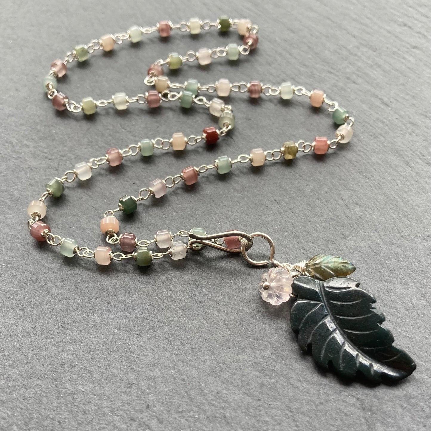 Yanyuan Agate, Sterling Silver & Indian Agate Winter Leaf Charm Necklace
