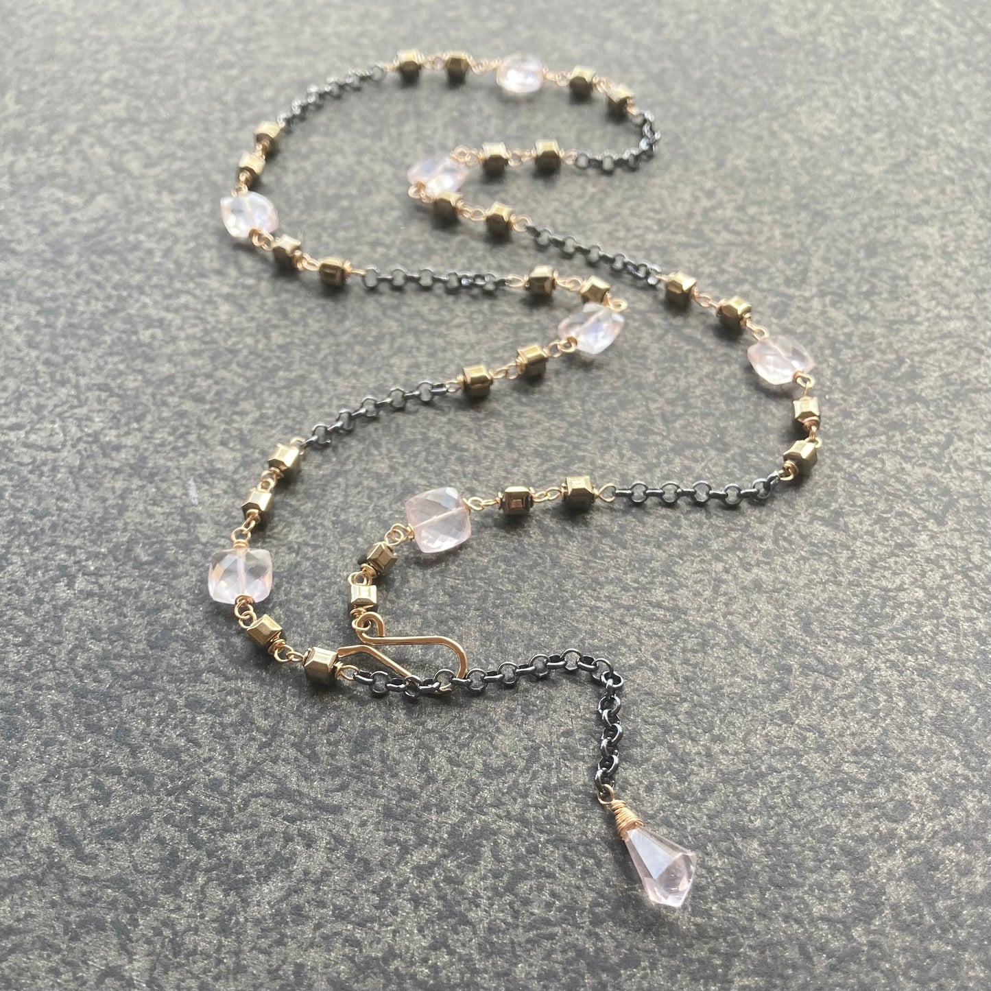 Rose Quartz, Pyrite & Mixed Metal Convertible Necklace