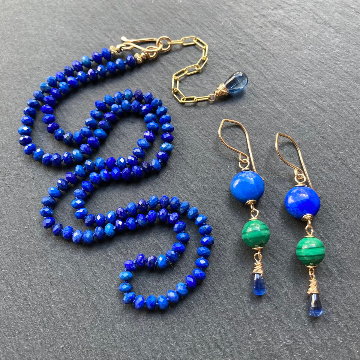 Lapis, Malachite & Gold Earrings
