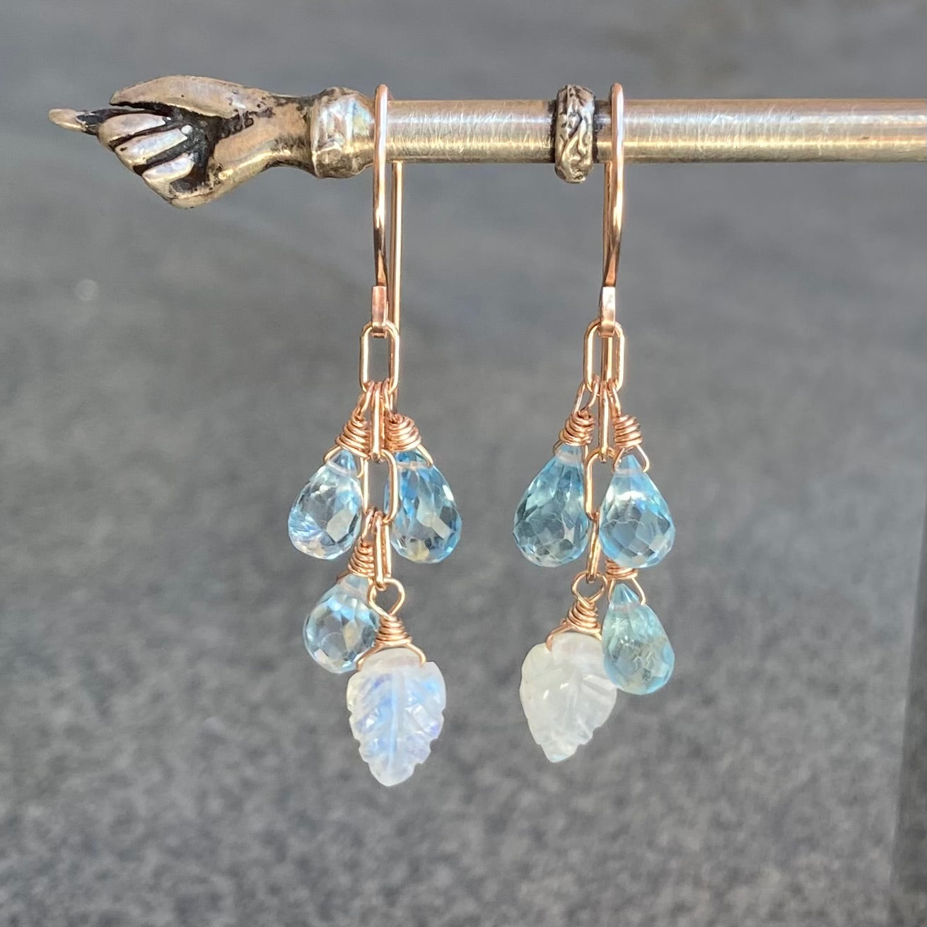Blue Topaz, Rainbow Moonstone & Rose Gold Cascade Earrings