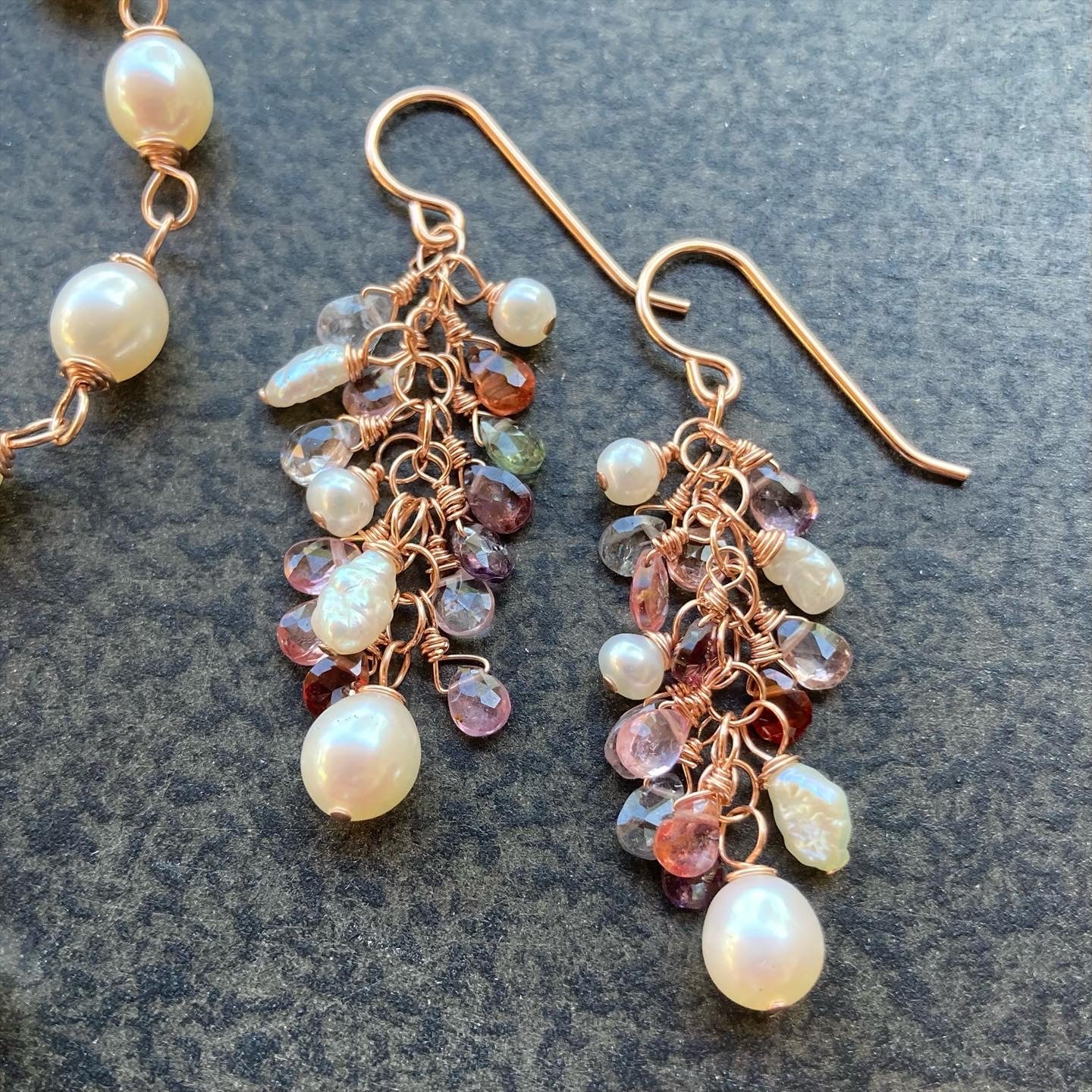 Multicolor Spinel, Freshwater Pearl & 14k Rose Gold Cascade Earrings