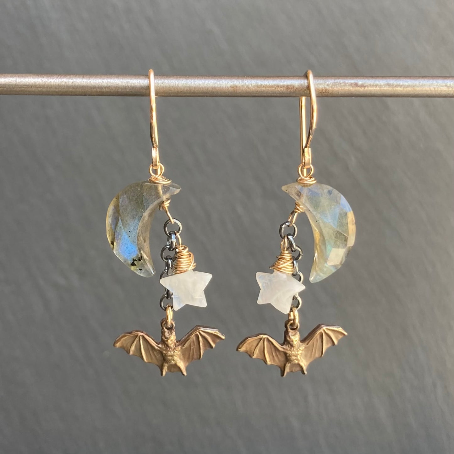 Custom Labradorite, Rainbow Moonstone & Mixed Metal Bat Moon Earrings