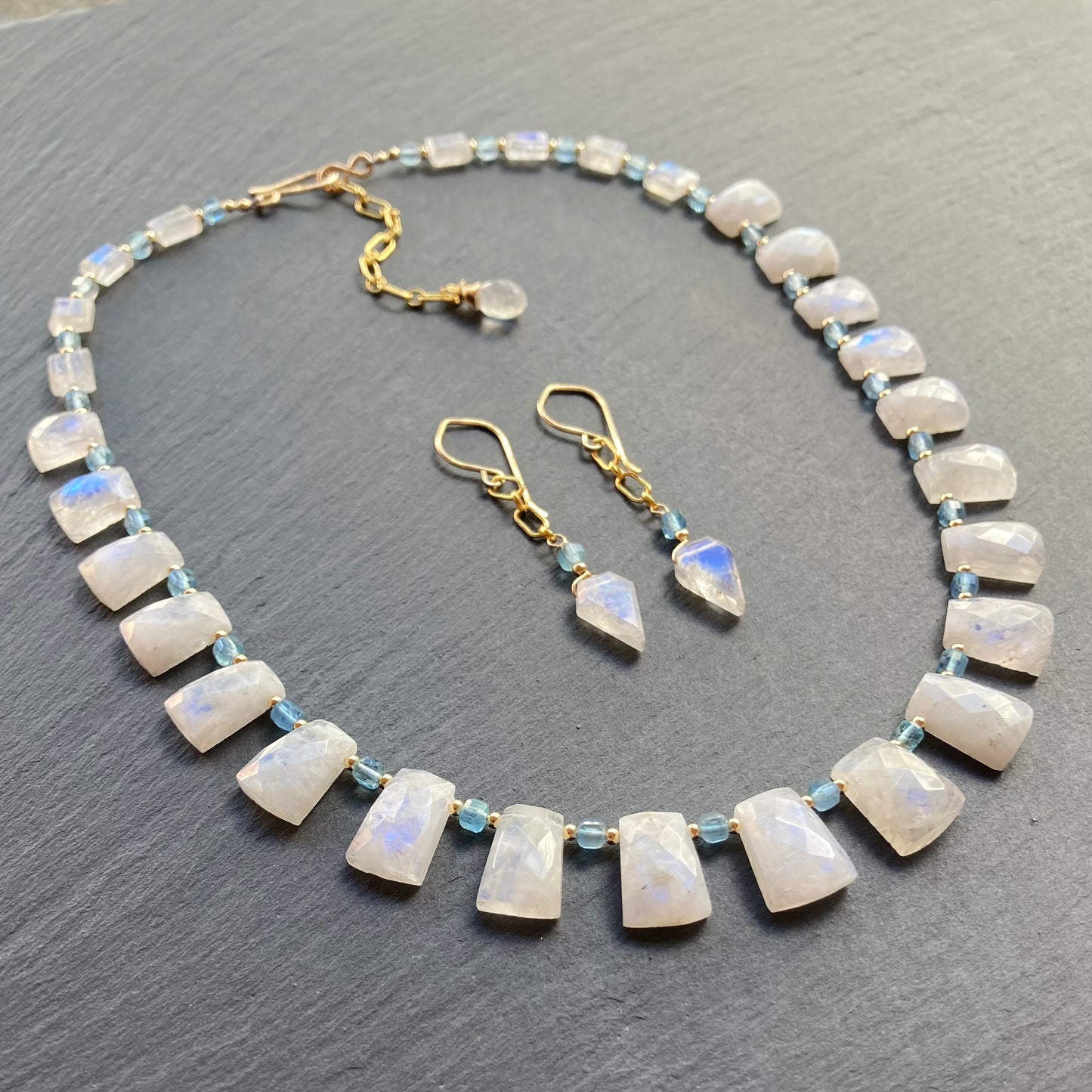Rainbow Moonstone, Santa Maria Aquamarine & Gold Necklace